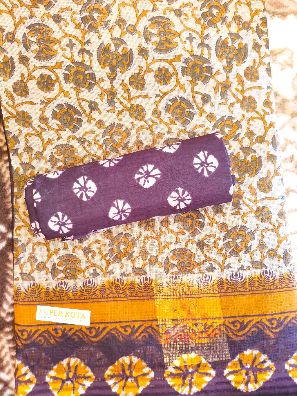 Super Kota Floral Block Print Dress Material with Tie-Dye Blouse Piece thumbnail 1