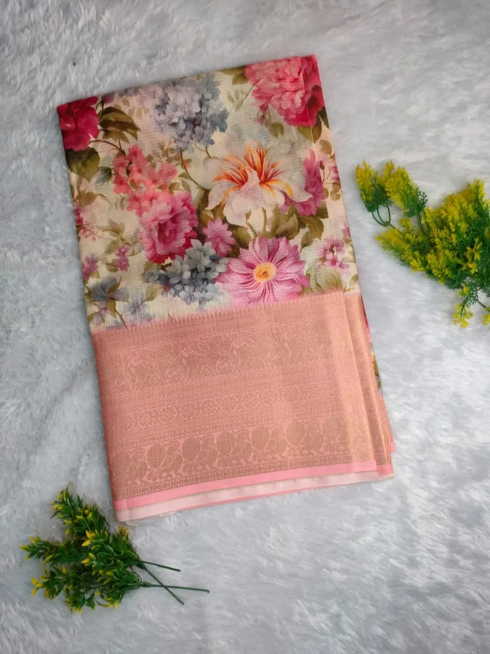 Digital Floral Print Saree with Peach Woven Zari Border