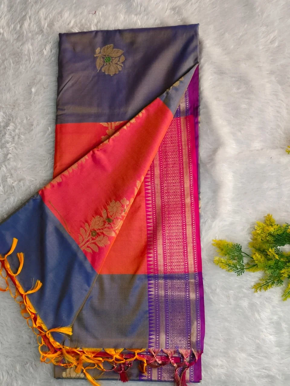 Slate Grey and Pink Semi Uppada Saree with Zari Floral Motifs