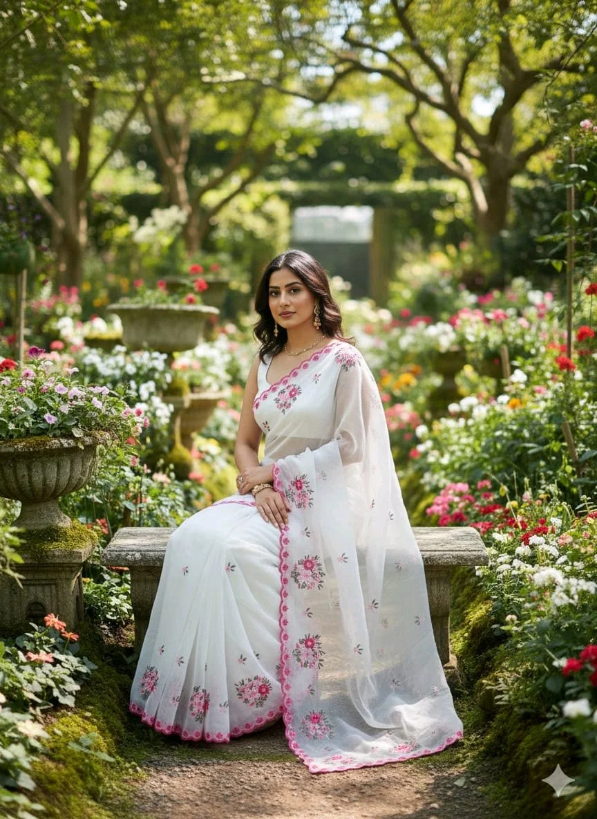 White Embroidered Saree with Scalloped Border and Blouse Piece thumbnail 6