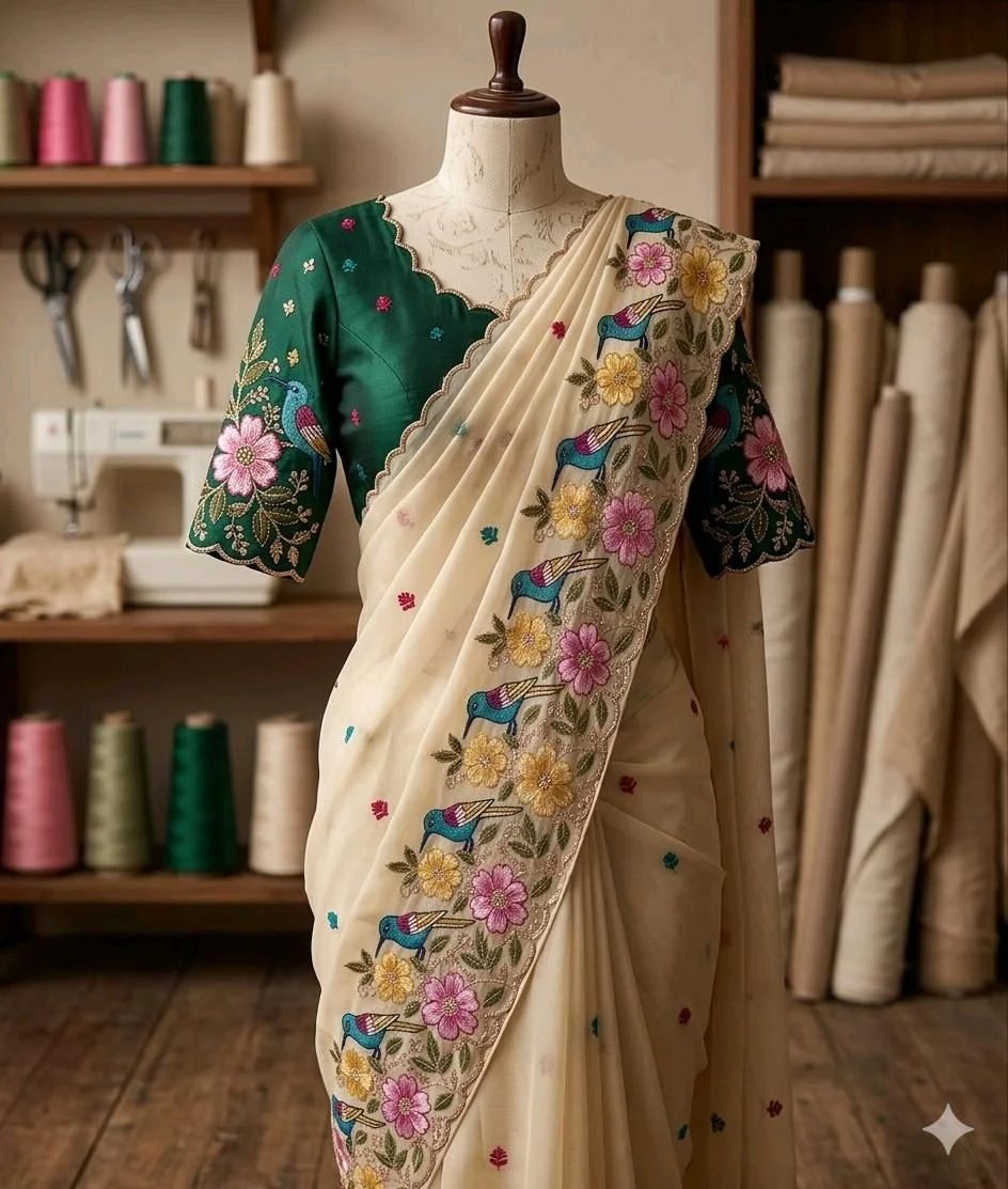 Cream Embroidered Saree with Bird and Floral Scalloped Border 4