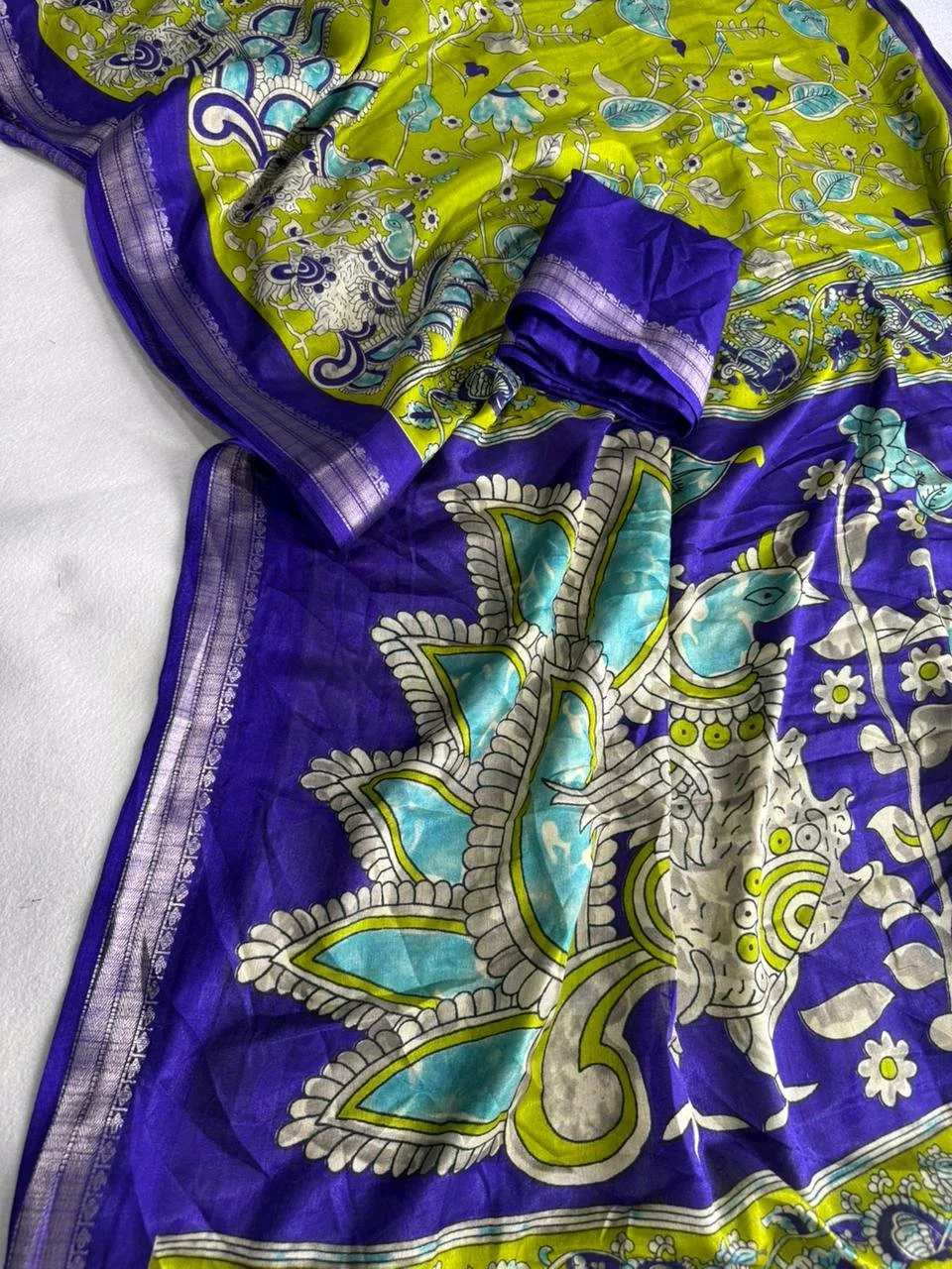Jequrd Kalamkari Print Saree with Royal Blue Border 6