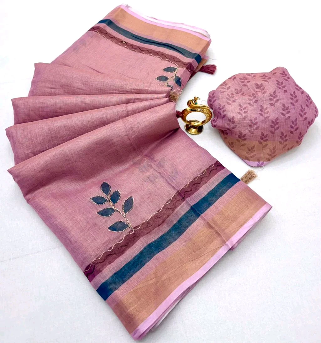 Pink Linen Blend Saree with Leaf Embroidery and Striped Border thumbnail 1
