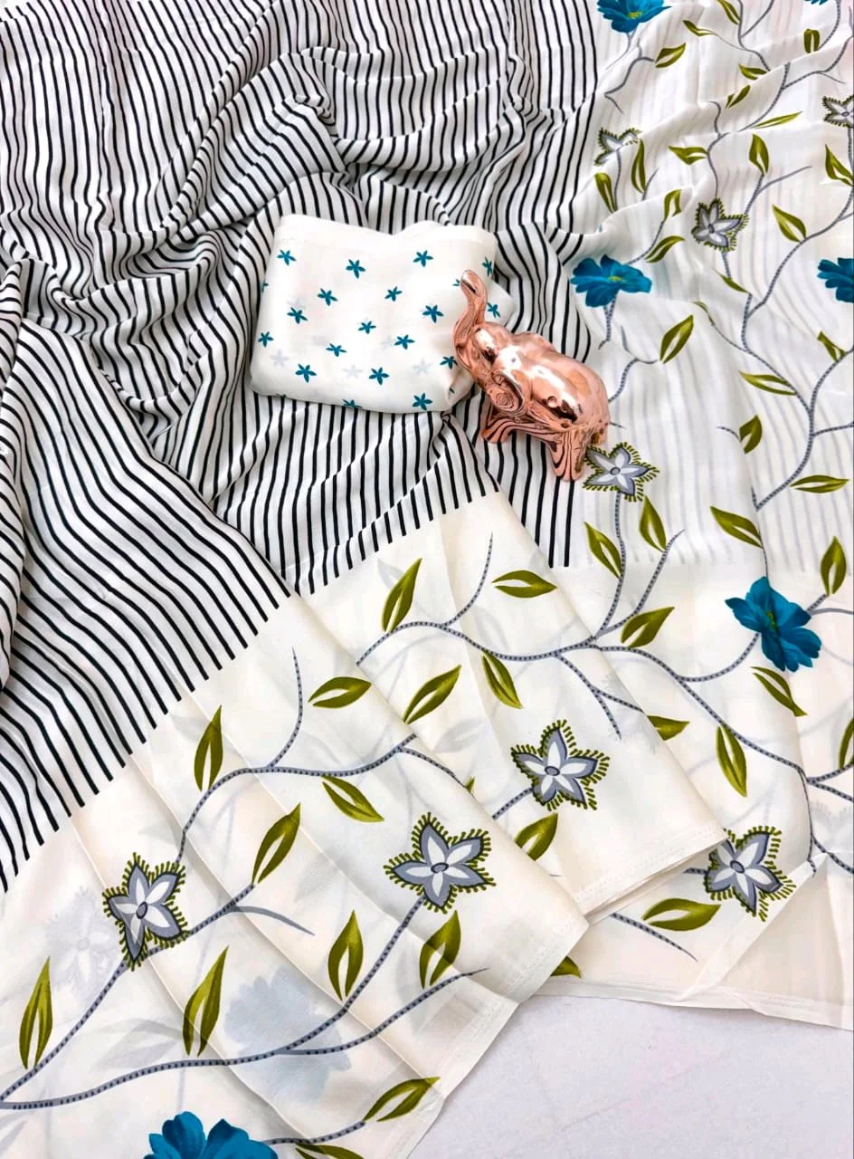 White Floral and Striped Print Saree with Blouse Piece 3