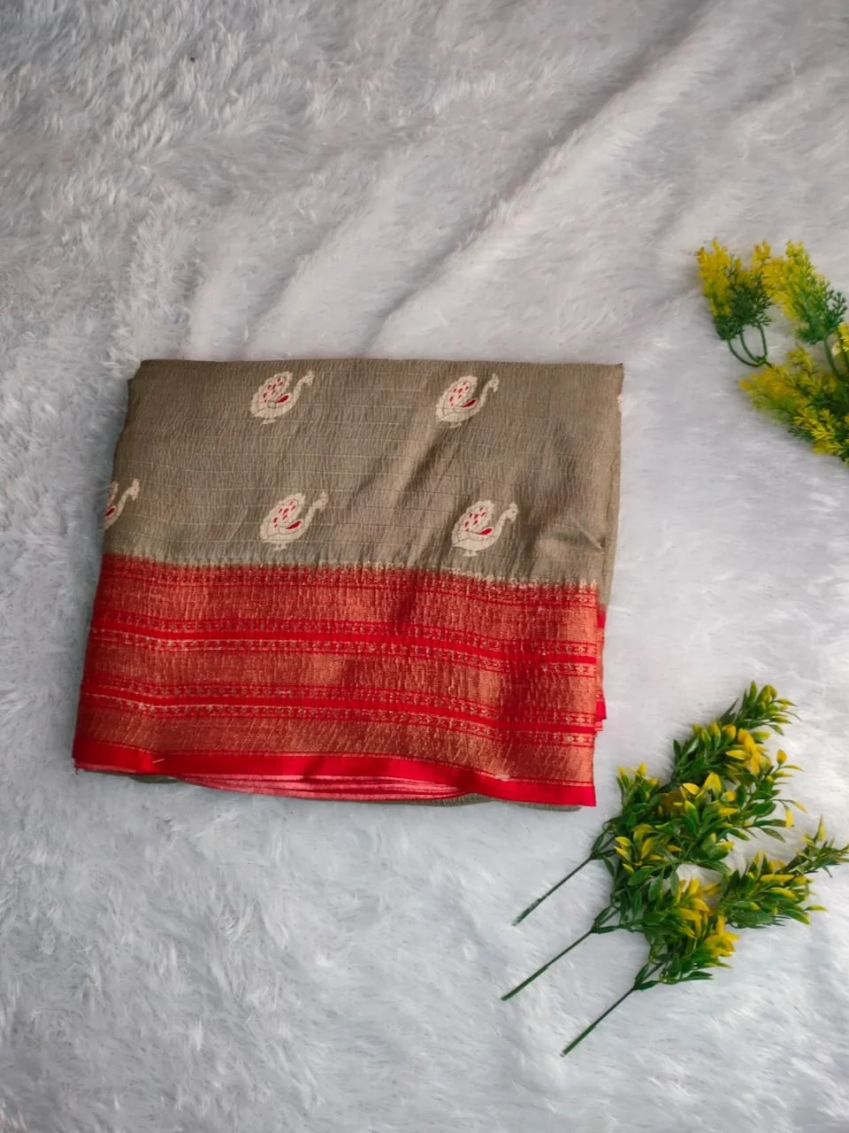 Light Brown, Blue, Saree Swith Red Border and Peacock Motifs 4
