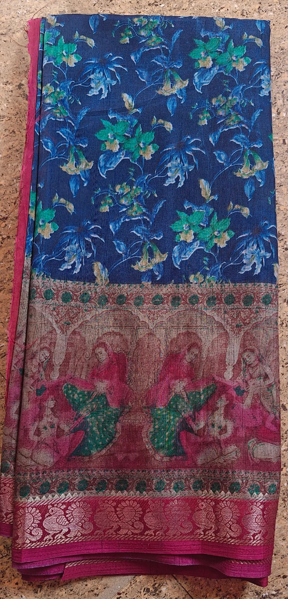 Dark Blue Floral Saree with Traditional Maroon Zari Border thumbnail 4