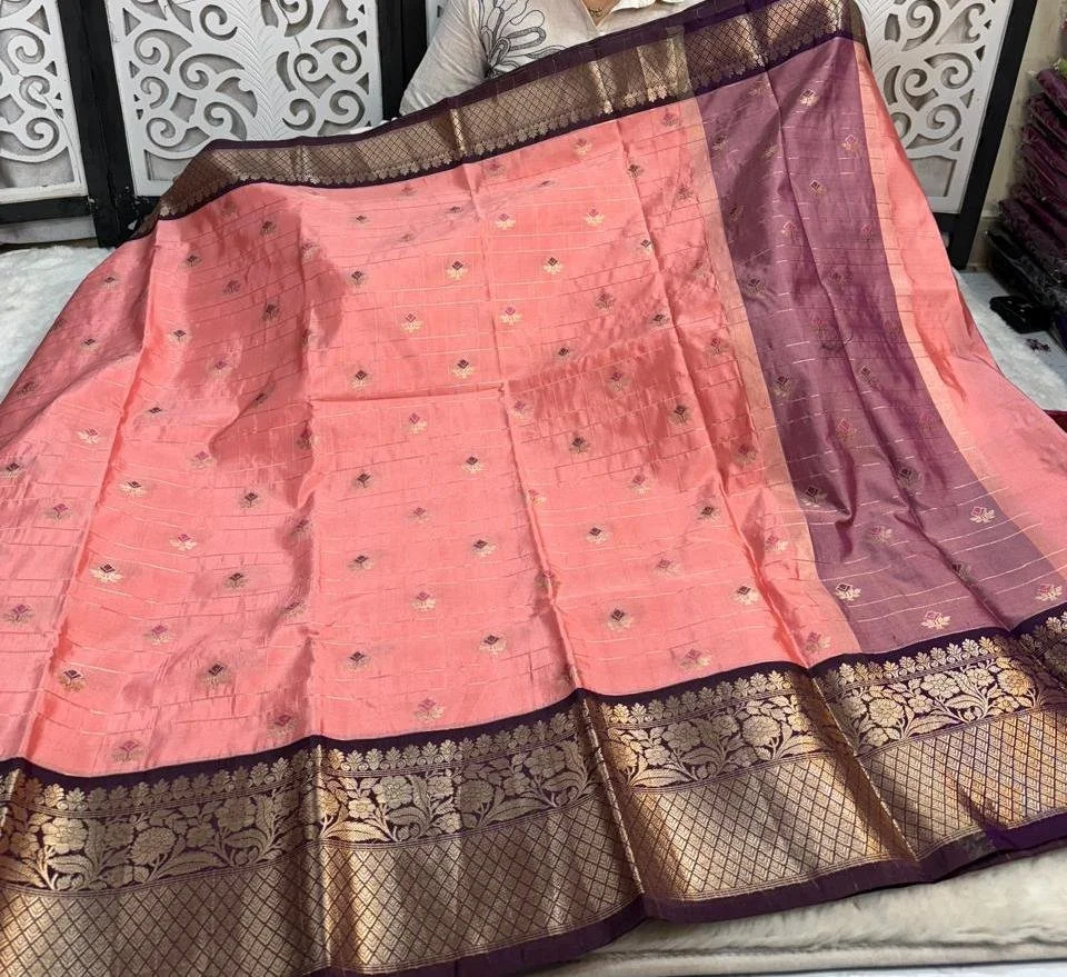 Peach Silk Saree with Gold Zari Border