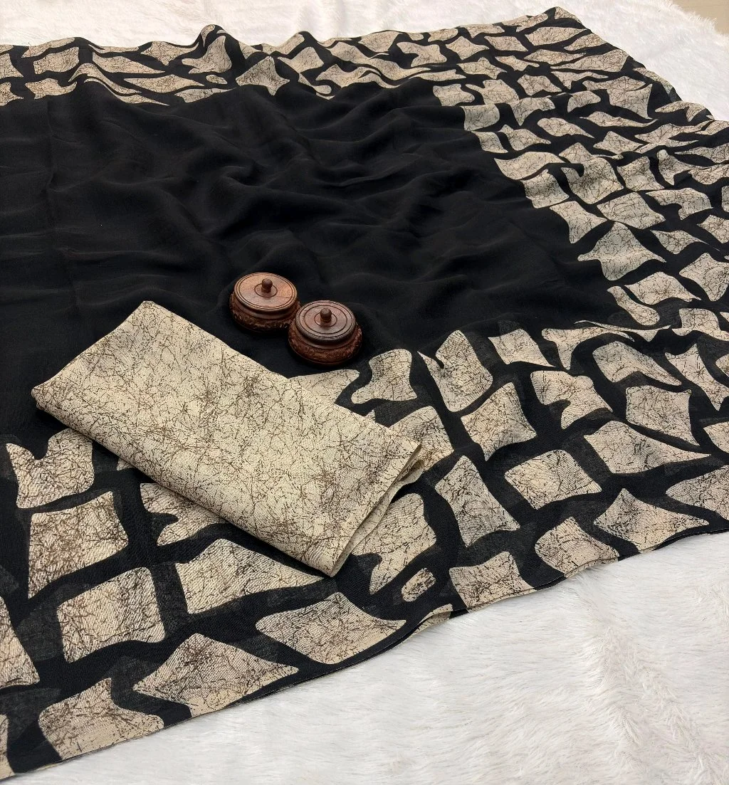 Black Abstract Print Saree with Matching Blouse Piece