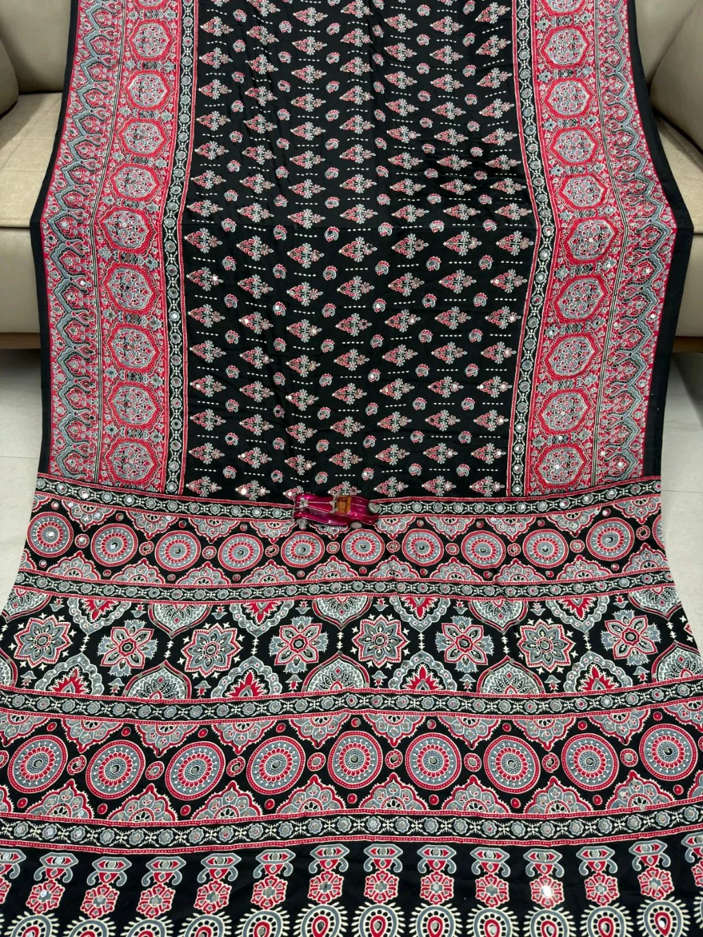 Black Ajrakh Print Saree with Red and Grey Patterns and Mirror Work 2