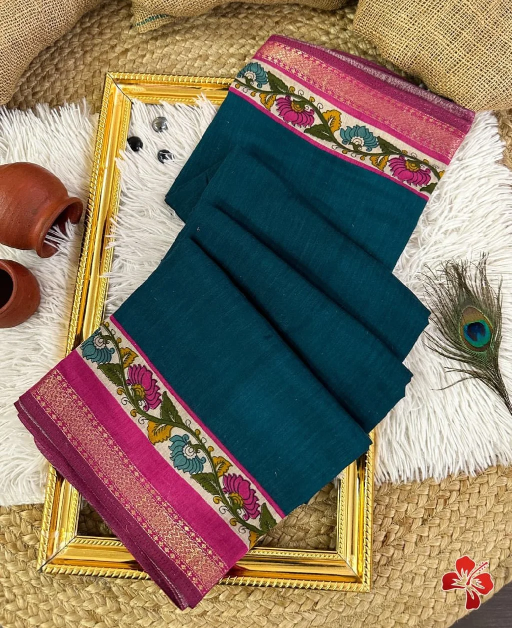 Teal Cotton Saree with Pink Floral Border