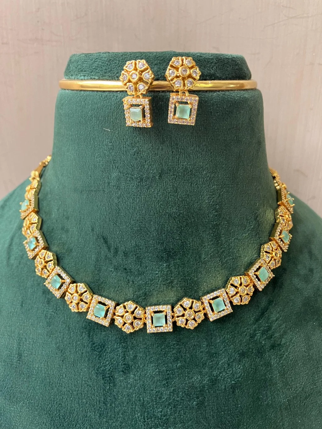 Gold Plated AD and Green Stone Choker Necklace Set