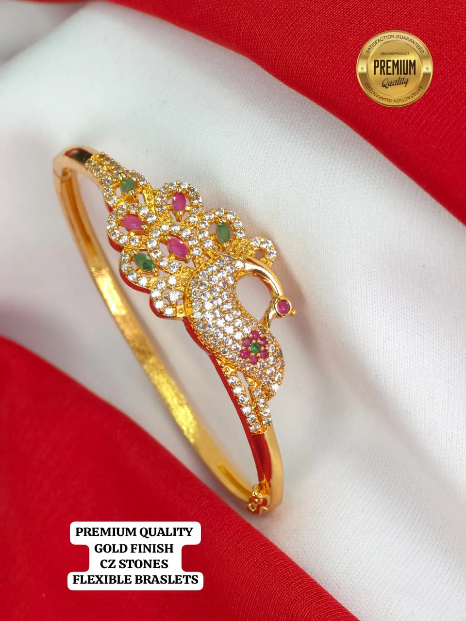 Gold Finish Peacock Design Flexible Bracelet with CZ Stones 4