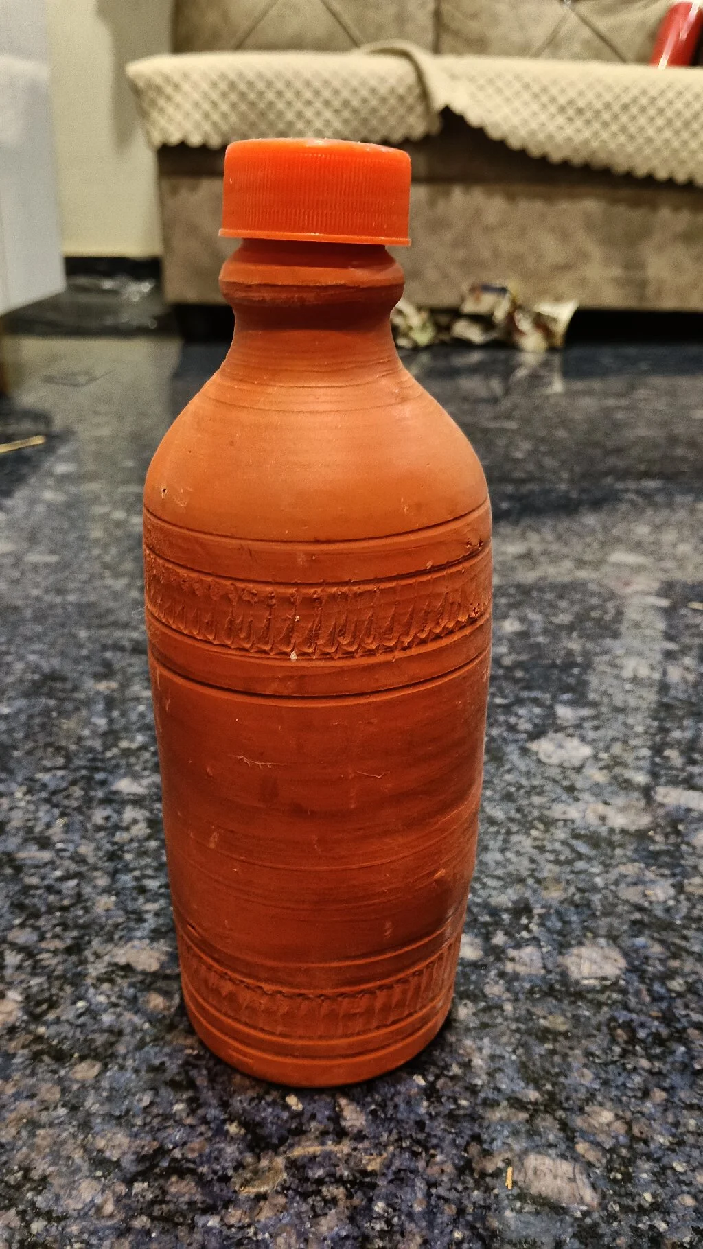 Handcrafted Terracotta Water Bottle with Orange Cap