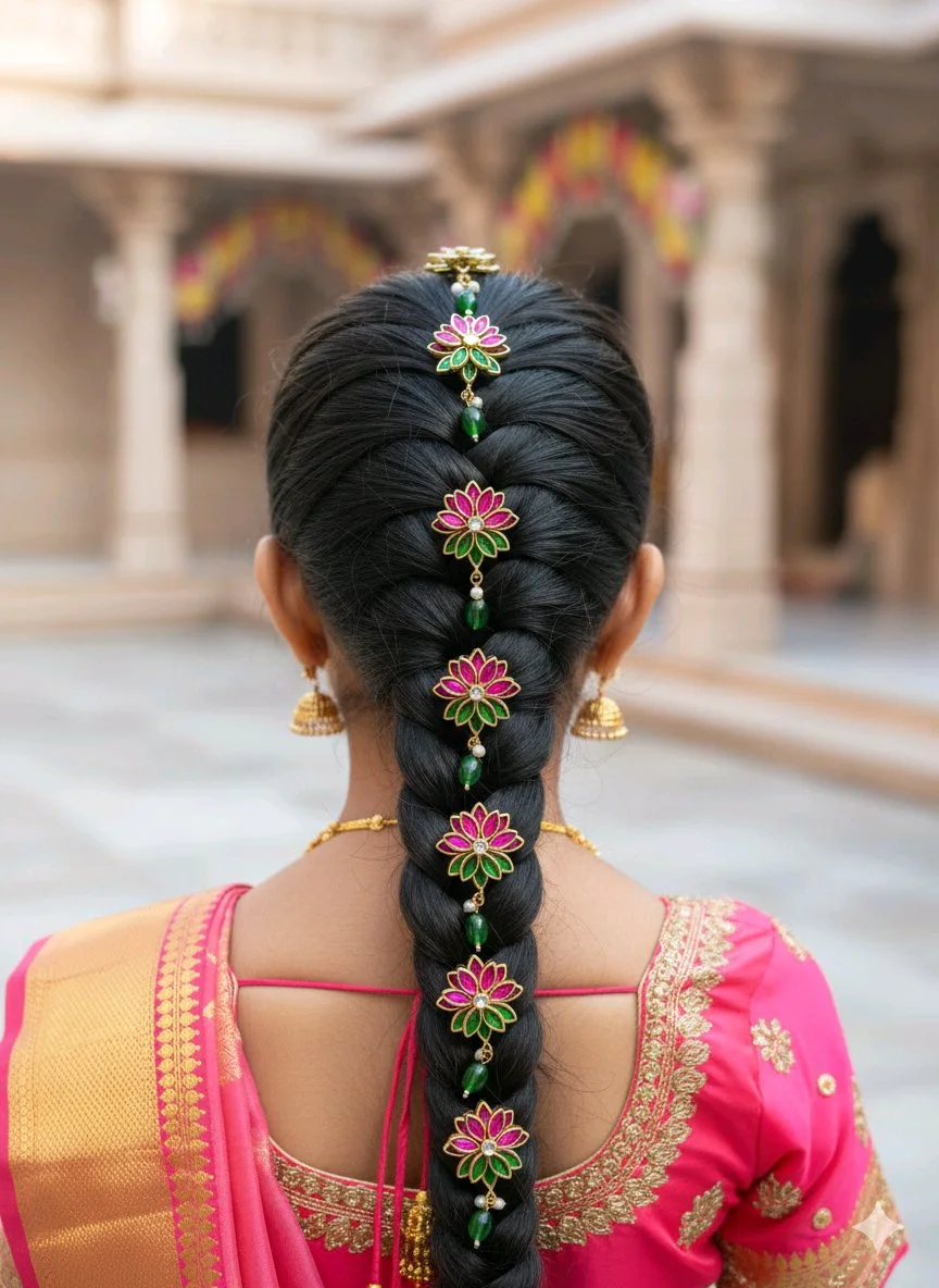 Traditional Pink Green Lotus Jada Billa Hair Accessory thumbnail 1