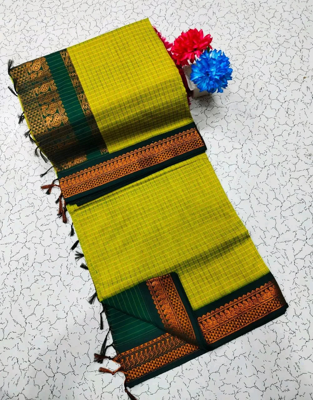 Kalyani Checkered Cotton Saree with Dark Green Zari Border thumbnail 1