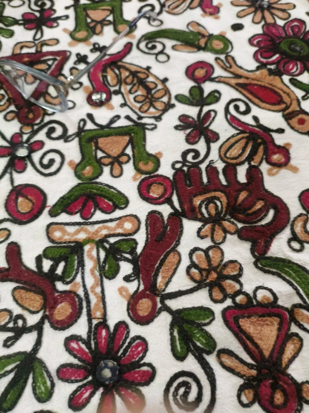 White Cotton Fabric with Colorful Floral Embroidery