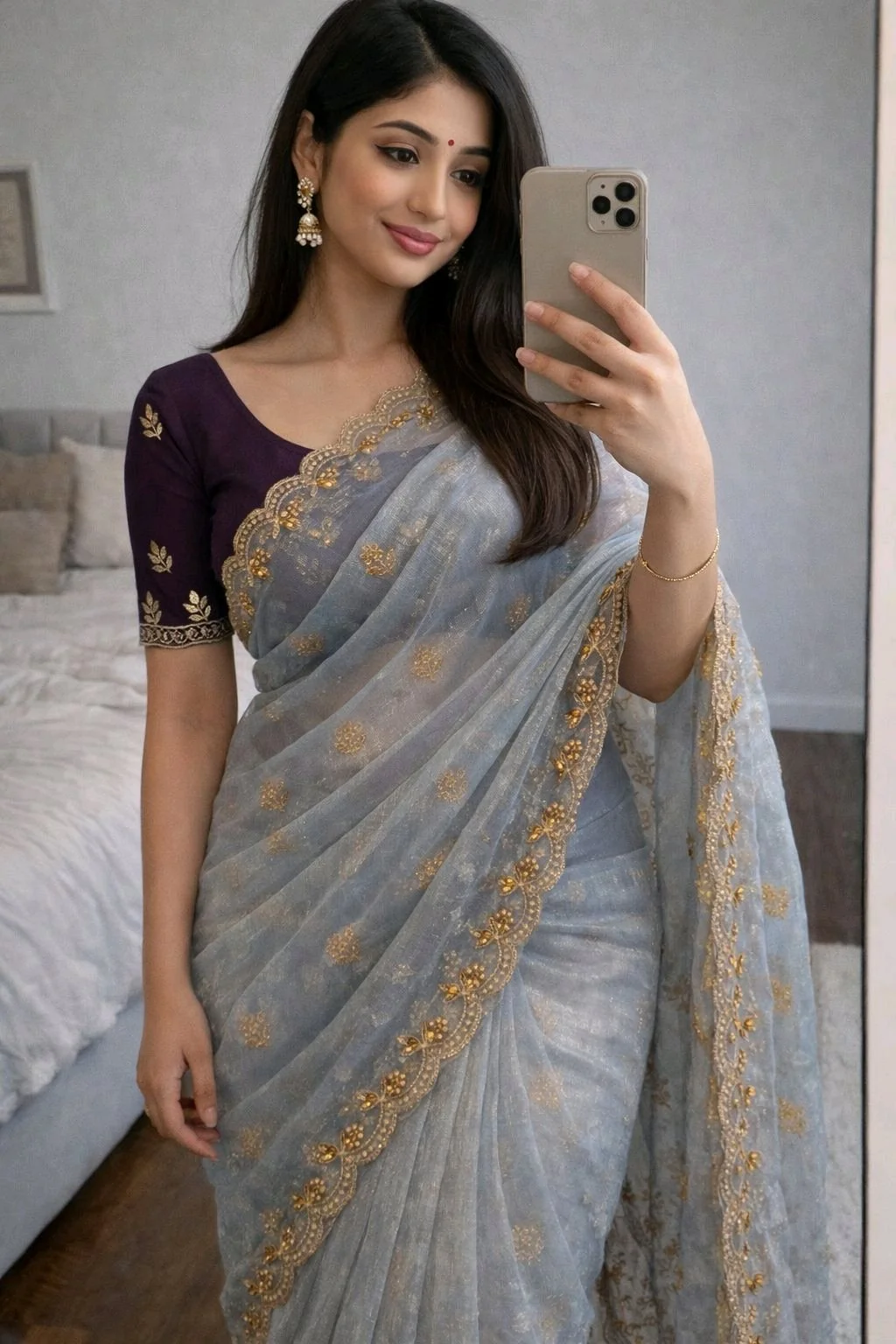 Pastel Organza Silk Blend Saree with Scalloped Embroidered Border 7
