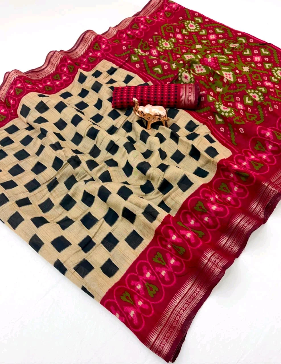 Beige and Black Ikat Print Saree with Red Checks thumbnail 2