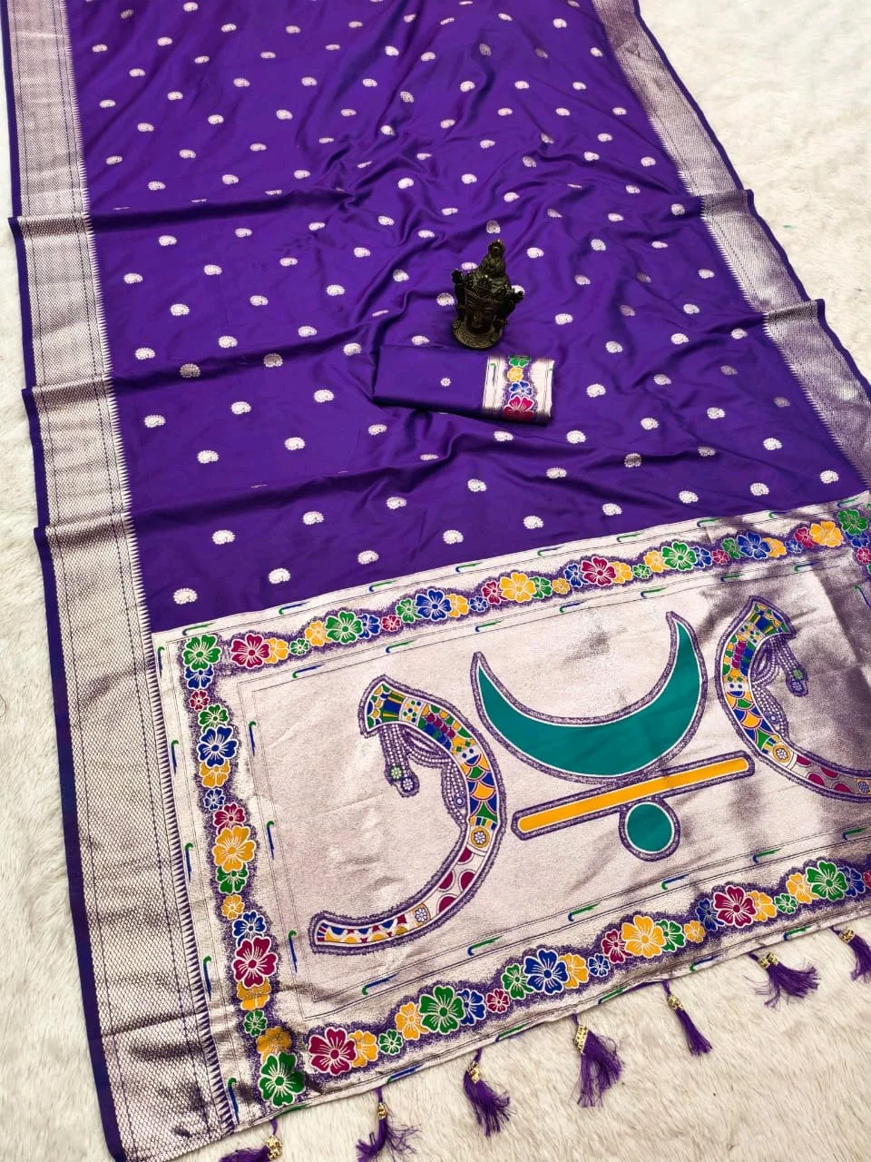 Banarasi Silk Blend Saree with Silver Zari and Paithani Inspired Pallu 5