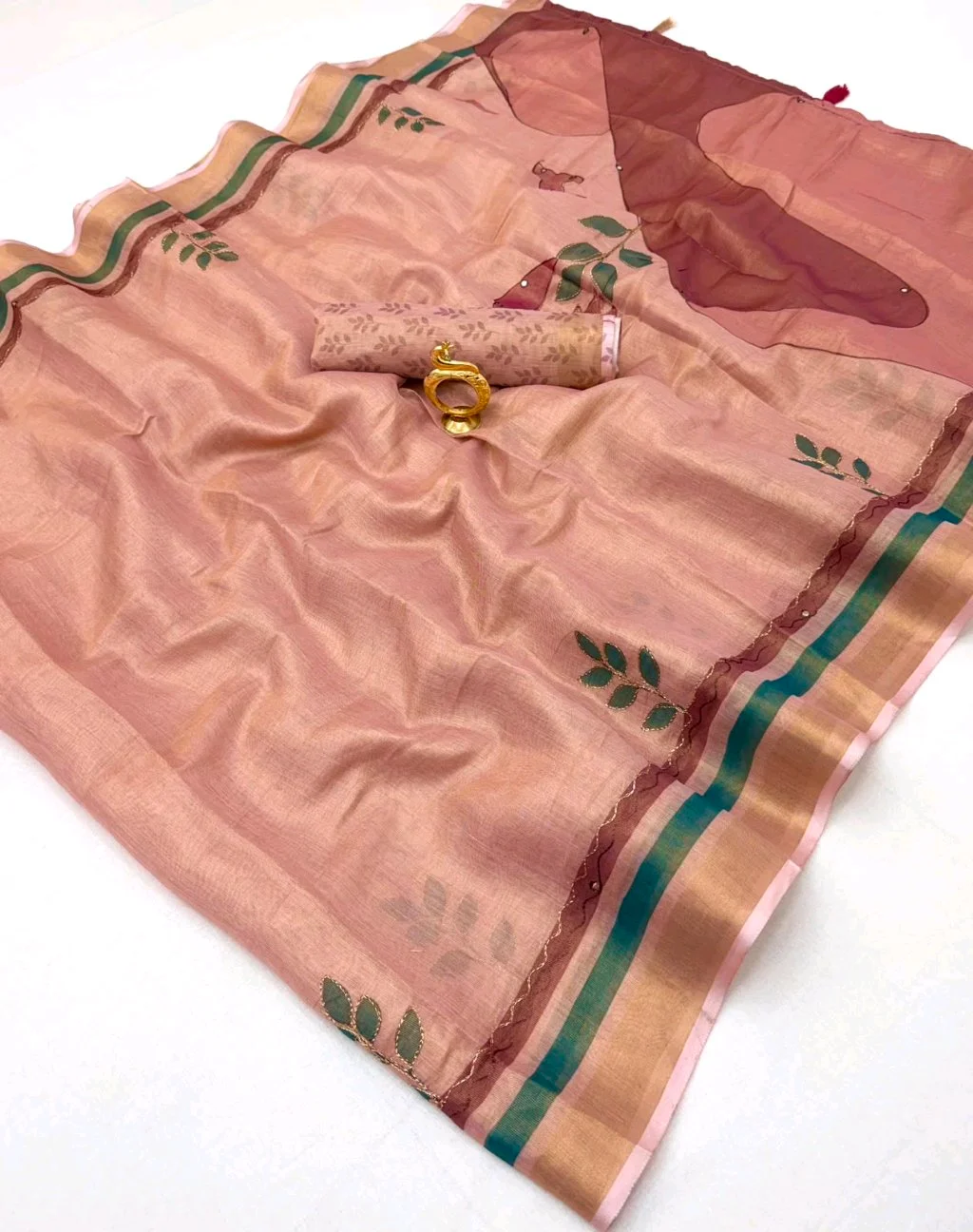 Pink Linen Blend Saree with Leaf Embroidery and Striped Border thumbnail 8