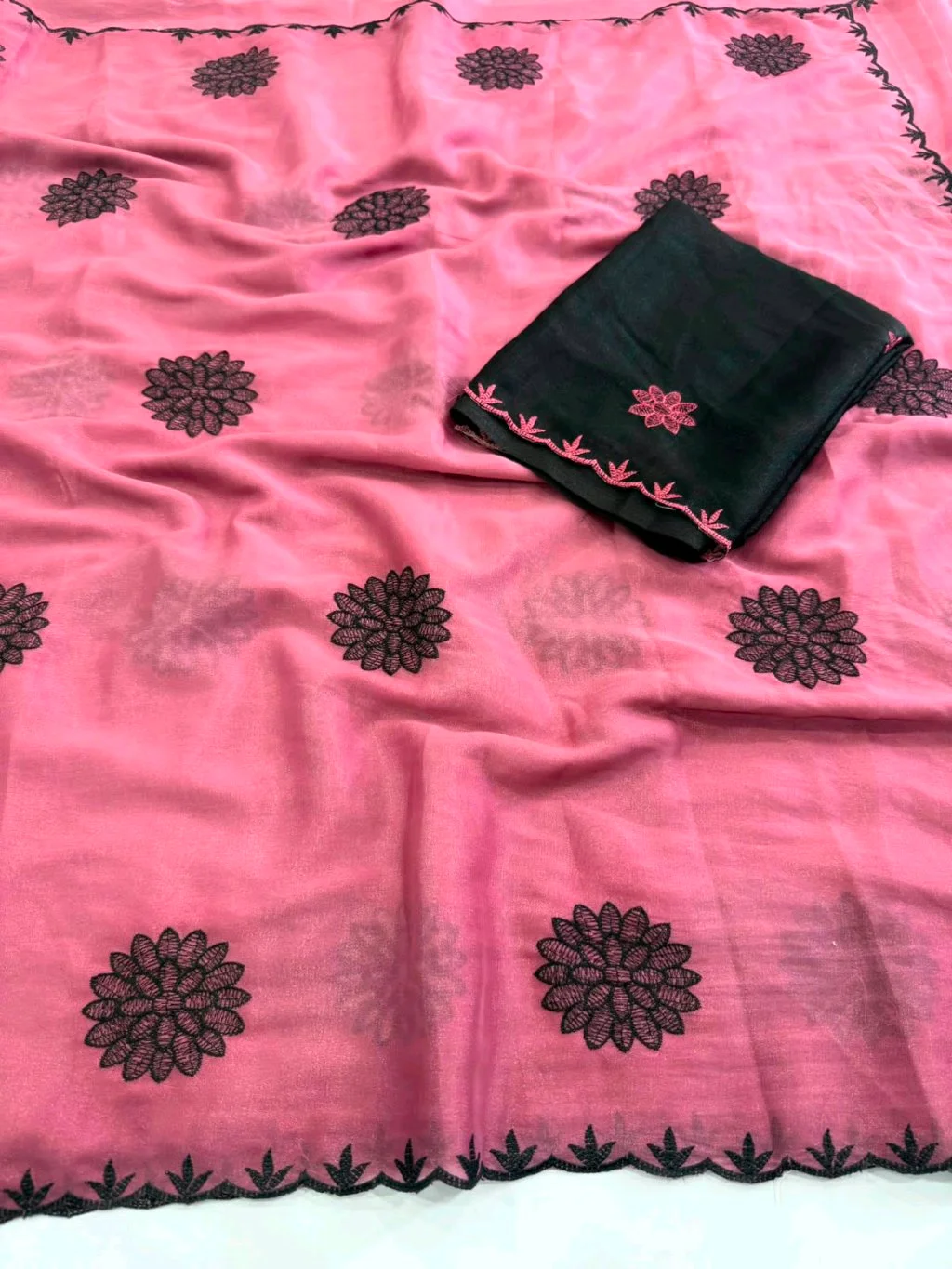 Soft Georgette Saree with Black Floral Embroidery thumbnail 6