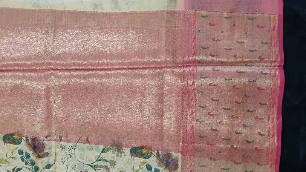 Beige Floral Bird Print Silk Saree with Pink Zari Border 4