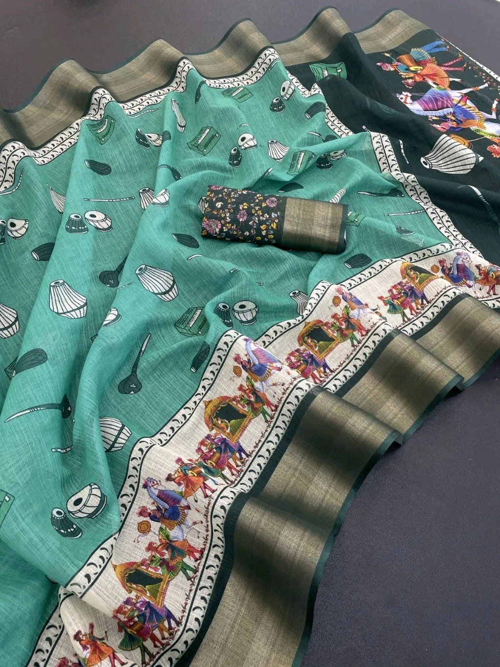 Linen Blend Saree with Traditional Art Print Pallu 3