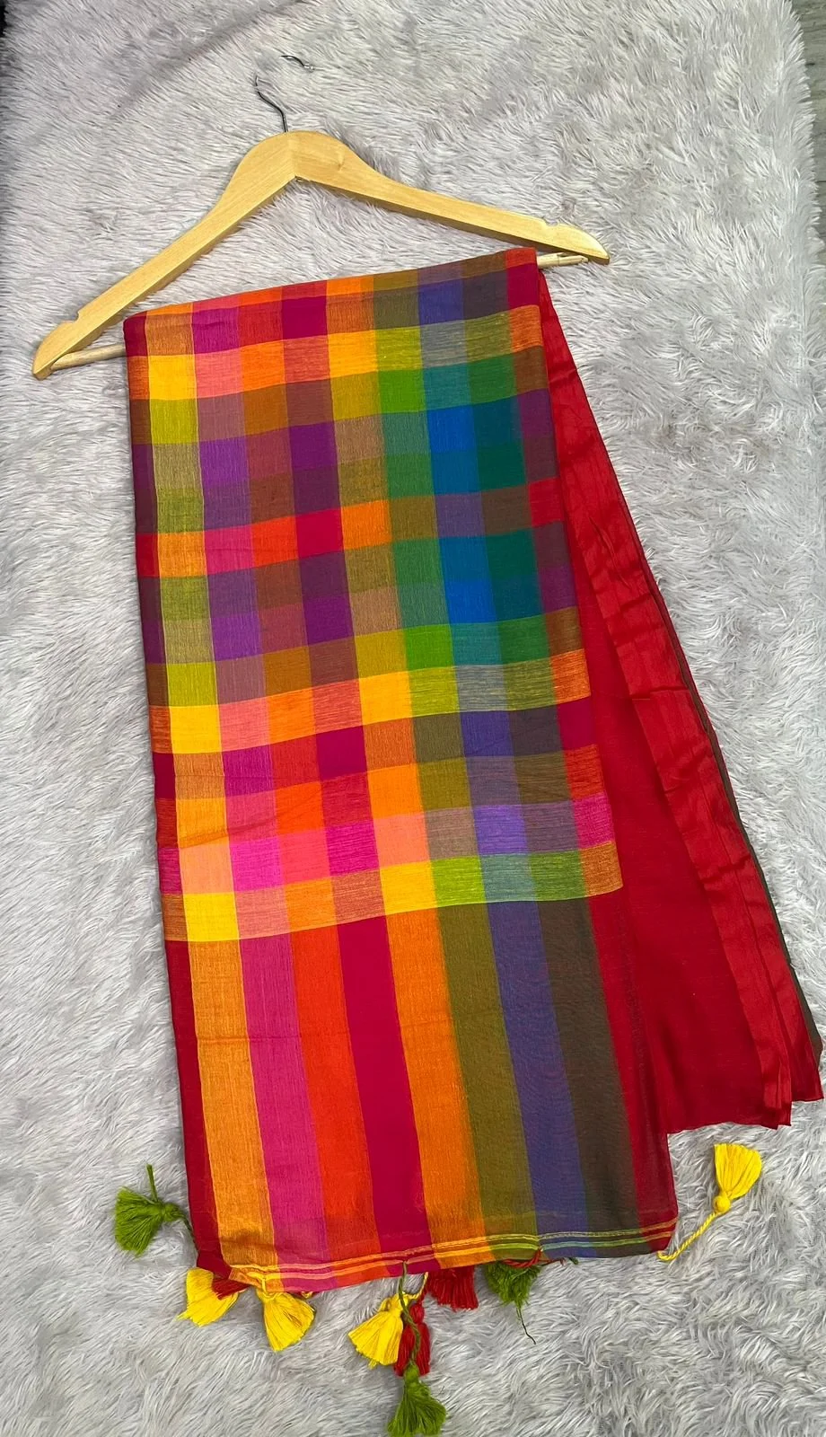 Multi-Color Checkered Cotton Saree with Tassels 1