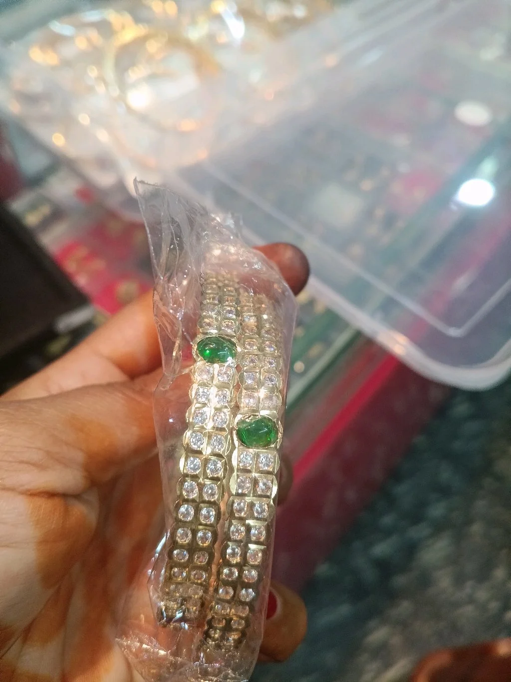 Panchaloha Bangles with White Stones and Green Emerald Look Stones