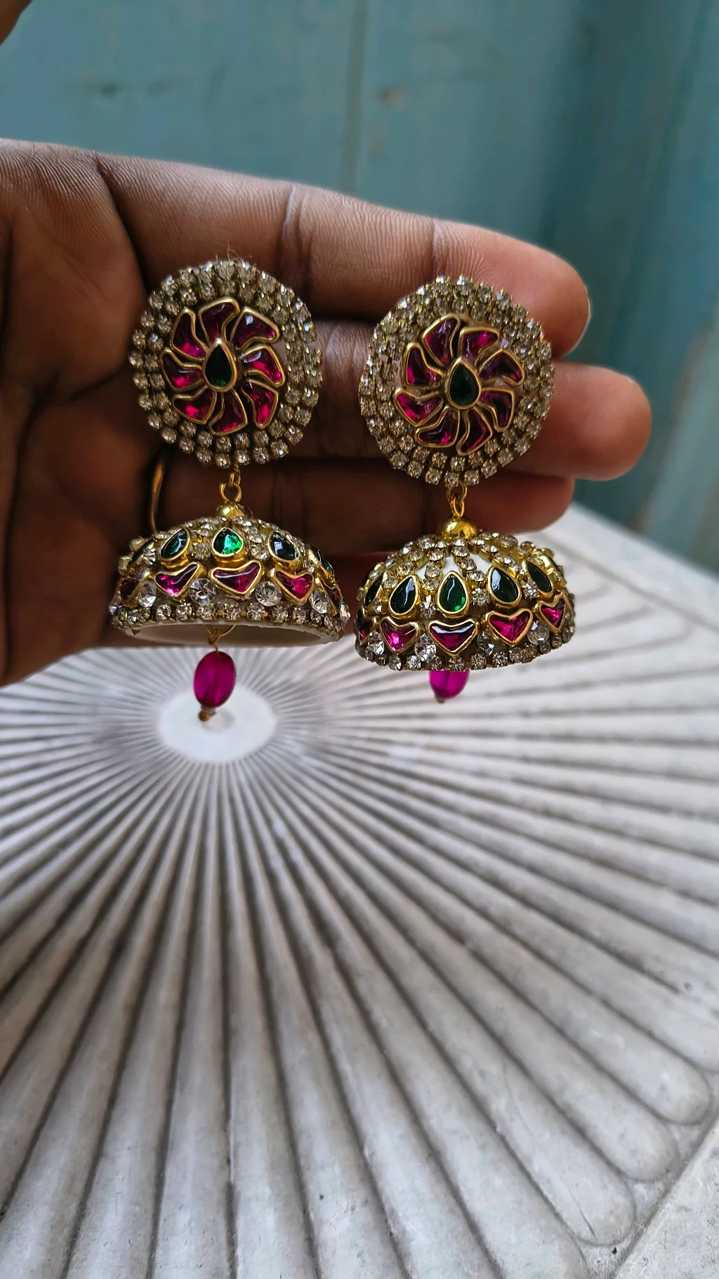 Gold Toned Kundan Jhumka Earrings with Pink and Green Stones thumbnail 2