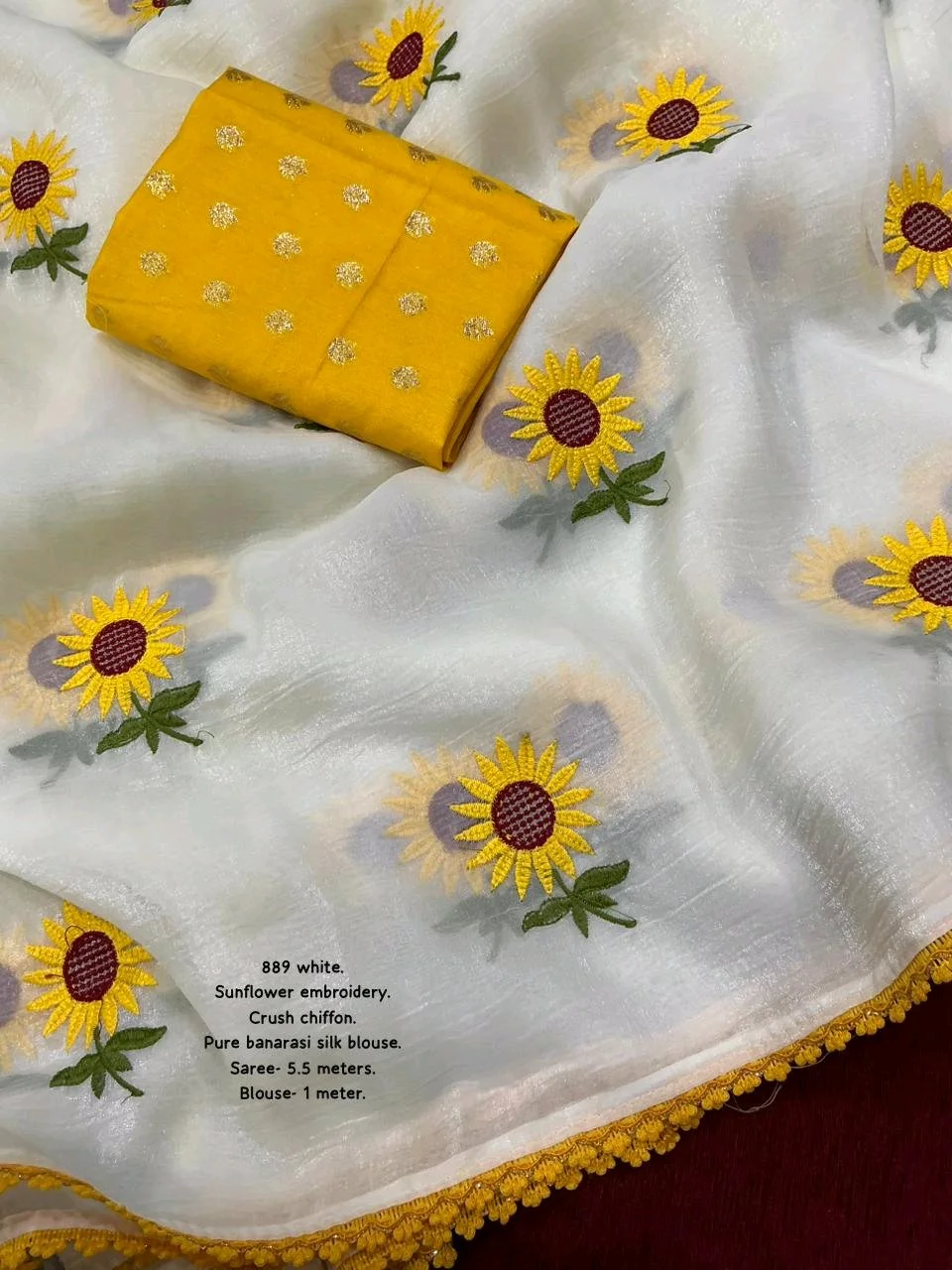 White Crush Chiffon Saree with Sunflower Embroidery and Banarasi Silk Blouse 2