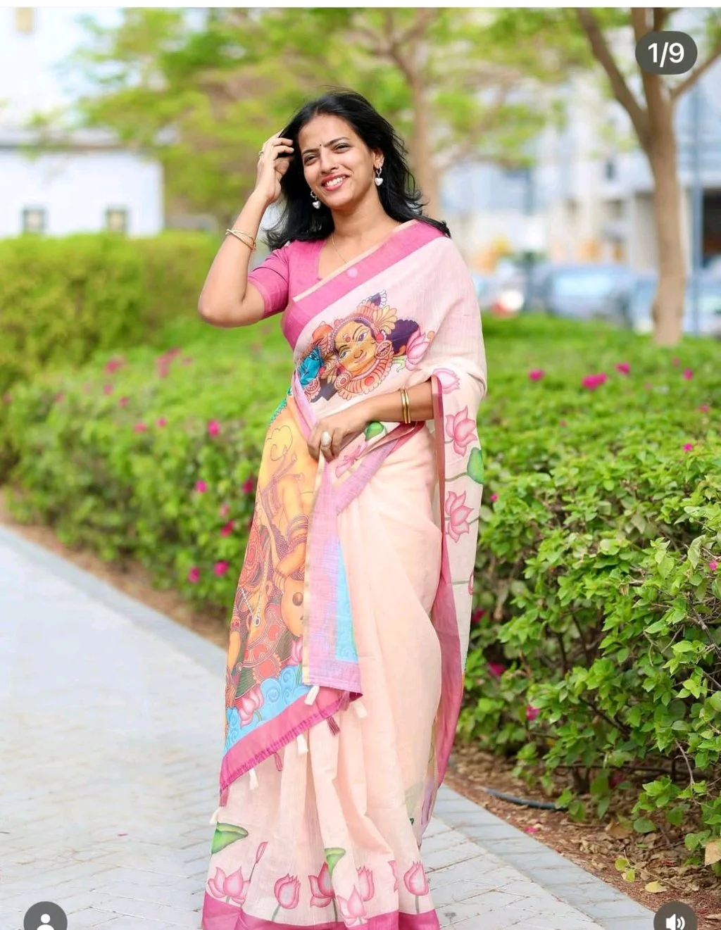 Handpainted Linen Saree with Lotus Design and Mural Art Blouse 5