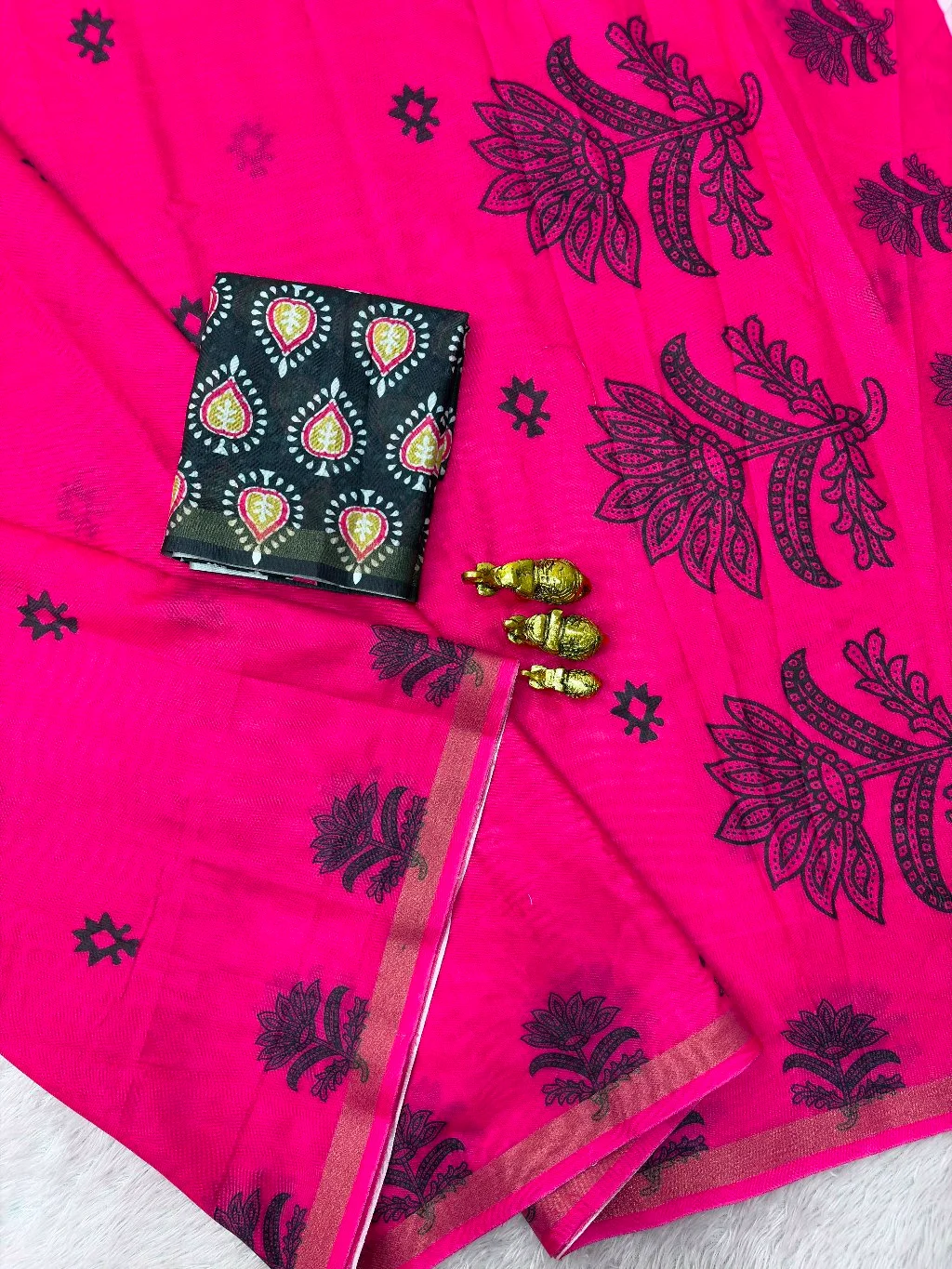 Rani Pink Saree with Black Floral Block Print and Printed Blouse 2