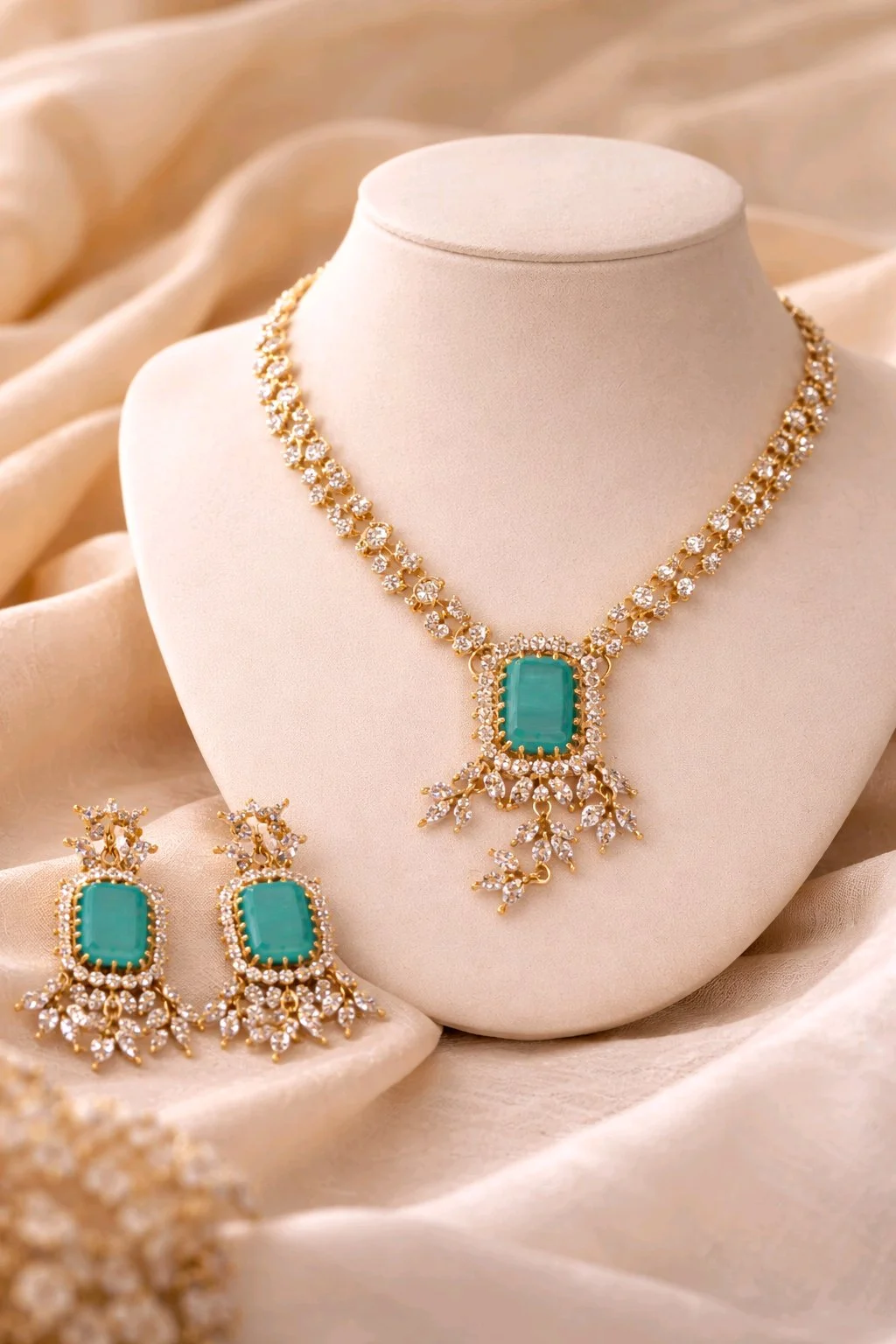 Gold Toned Necklace Set with Turquoise Stones and CZ