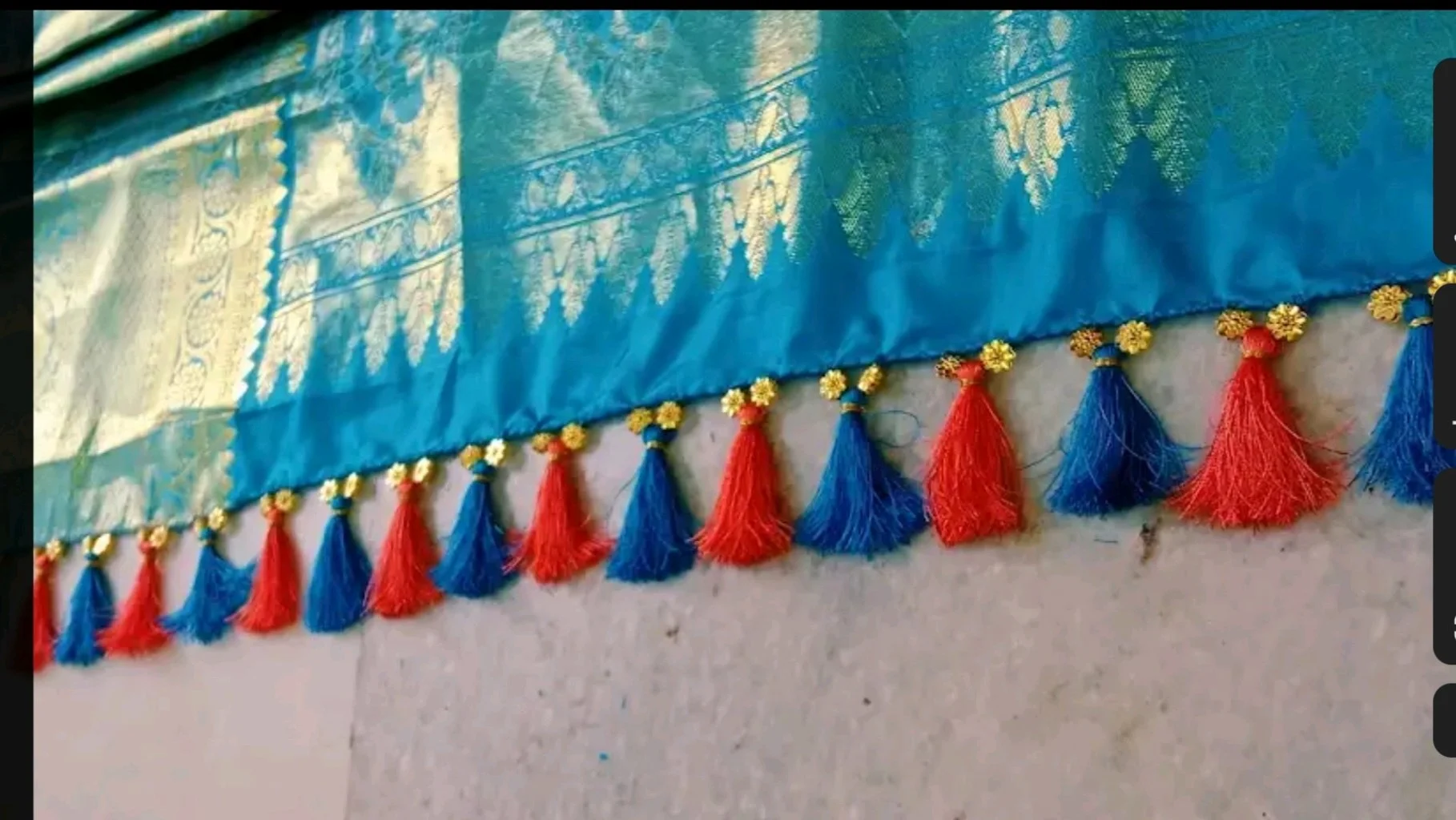 Blue and Red Saree Pallu Tassels with Gold Embellishments