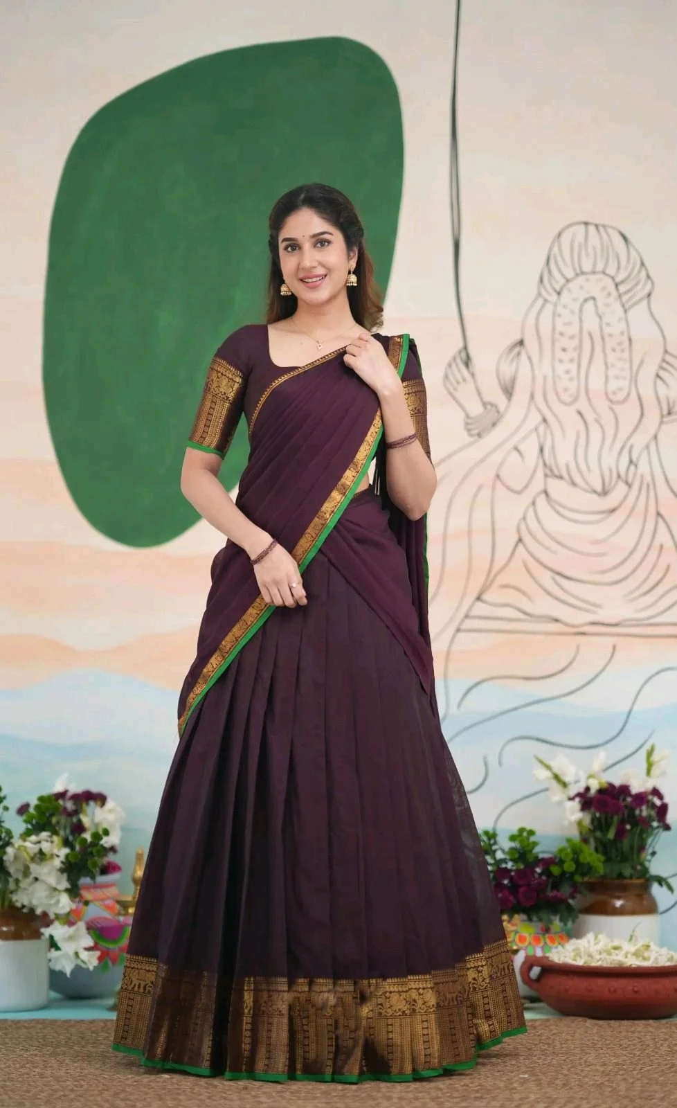 Plum Pleated Lehenga Choli Set with Elephant Zari Border 6