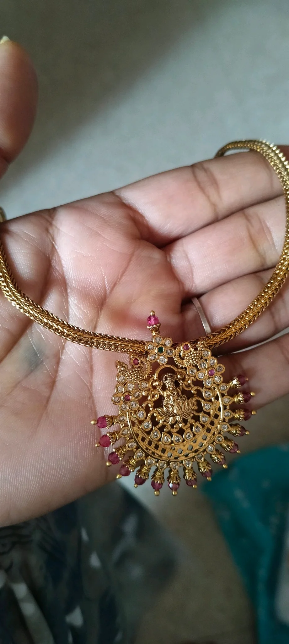 Gold Plated Lakshmi Pendant Necklace with Ruby Stones