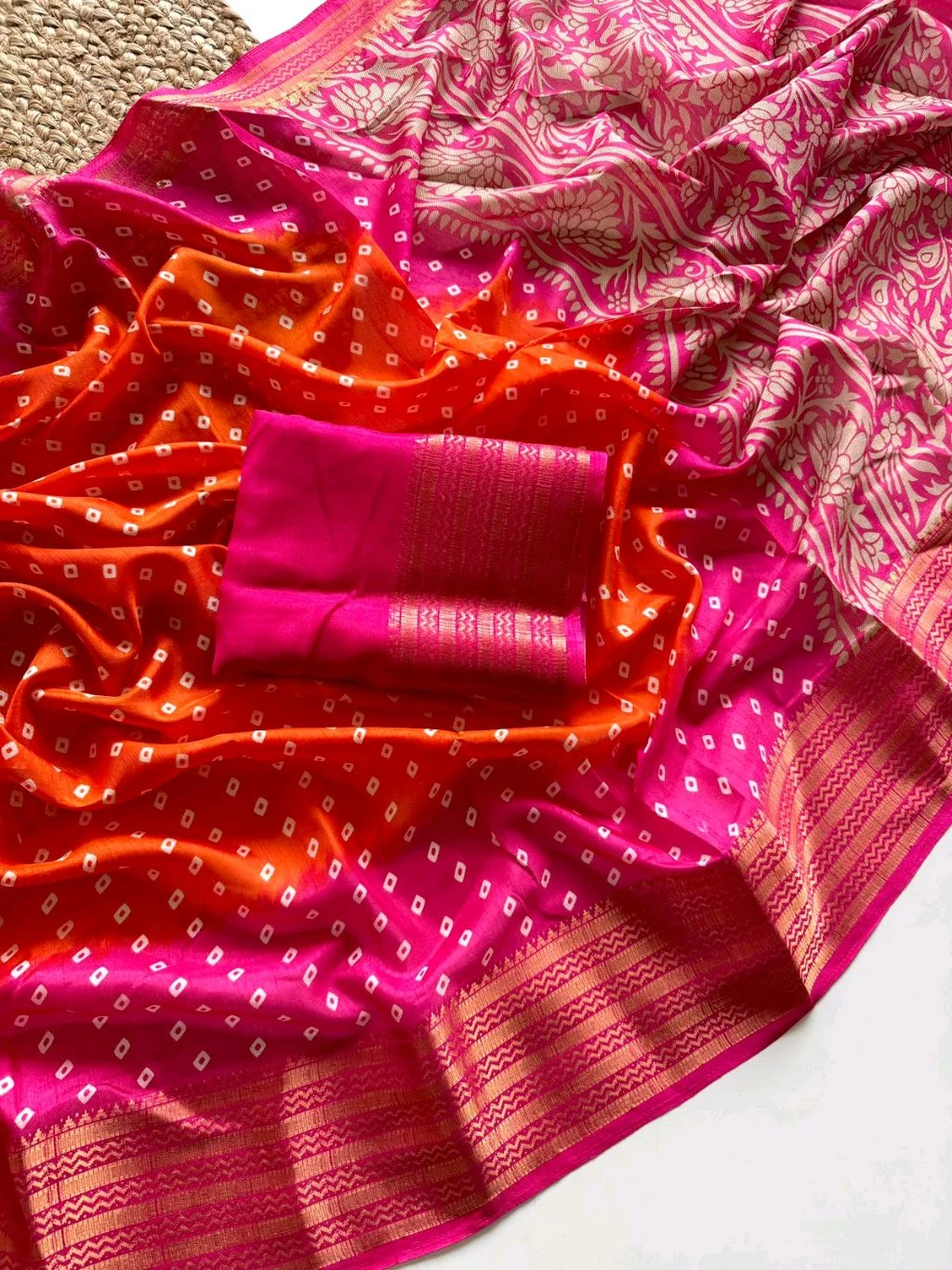 Orange and Pink Bandhani Silk Saree with Zari Border thumbnail 4