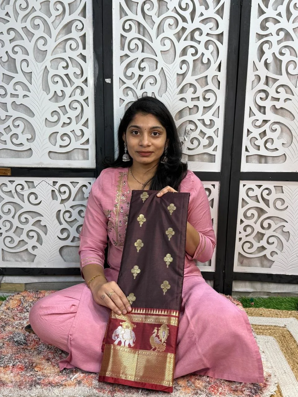 Dark Brown Silk Blend Saree with Zari Elephant Peacock Border 1