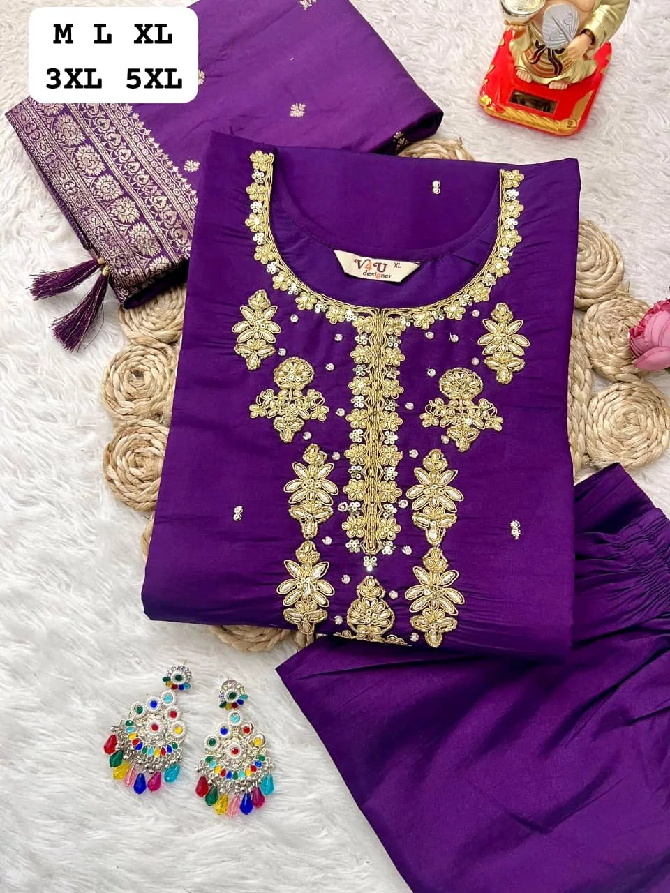 Purple Embroidered Kurta Set with Banarasi Dupatta 3