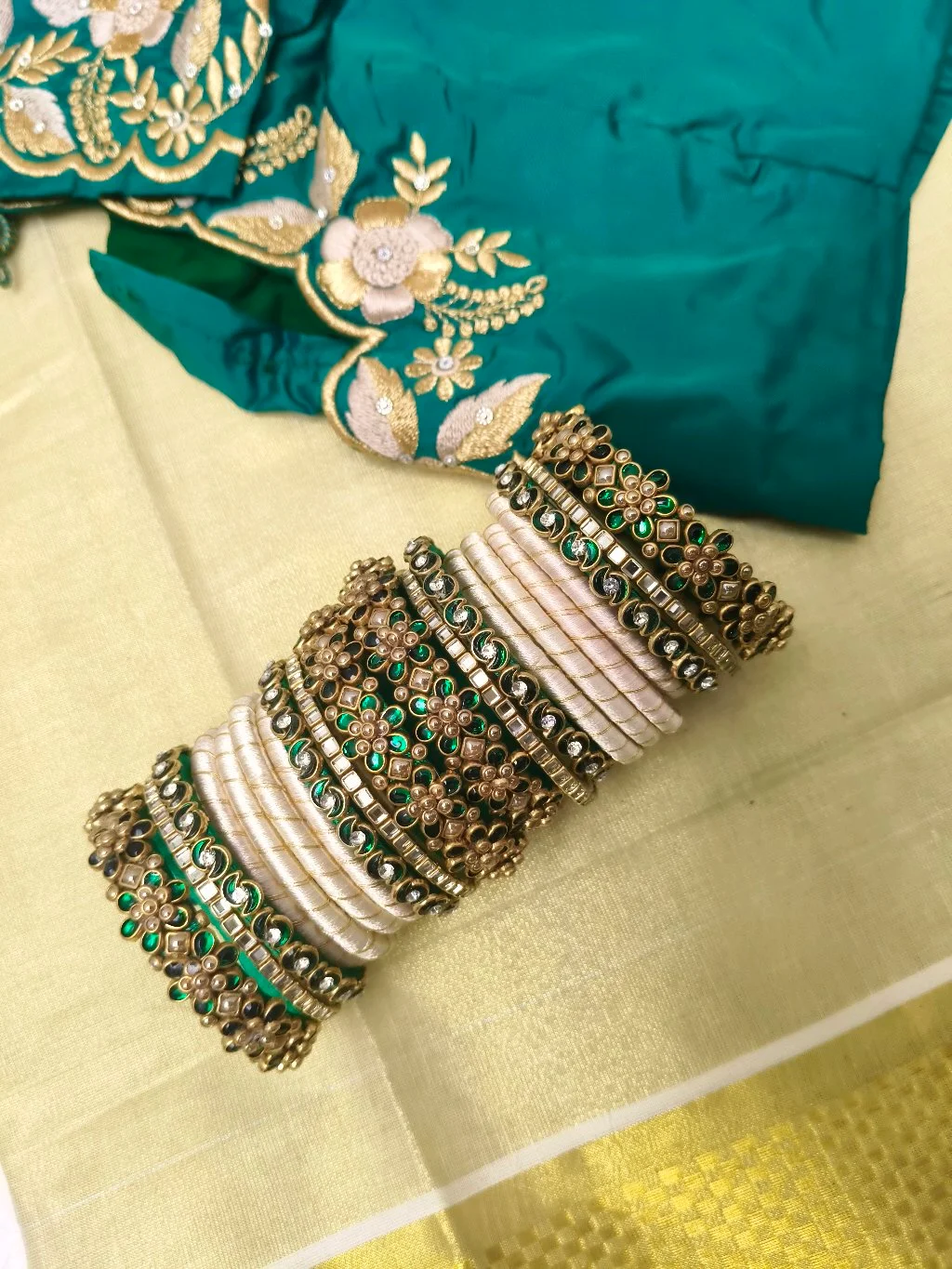 Traditional Green Stone and White Silk Thread Bangle Set
