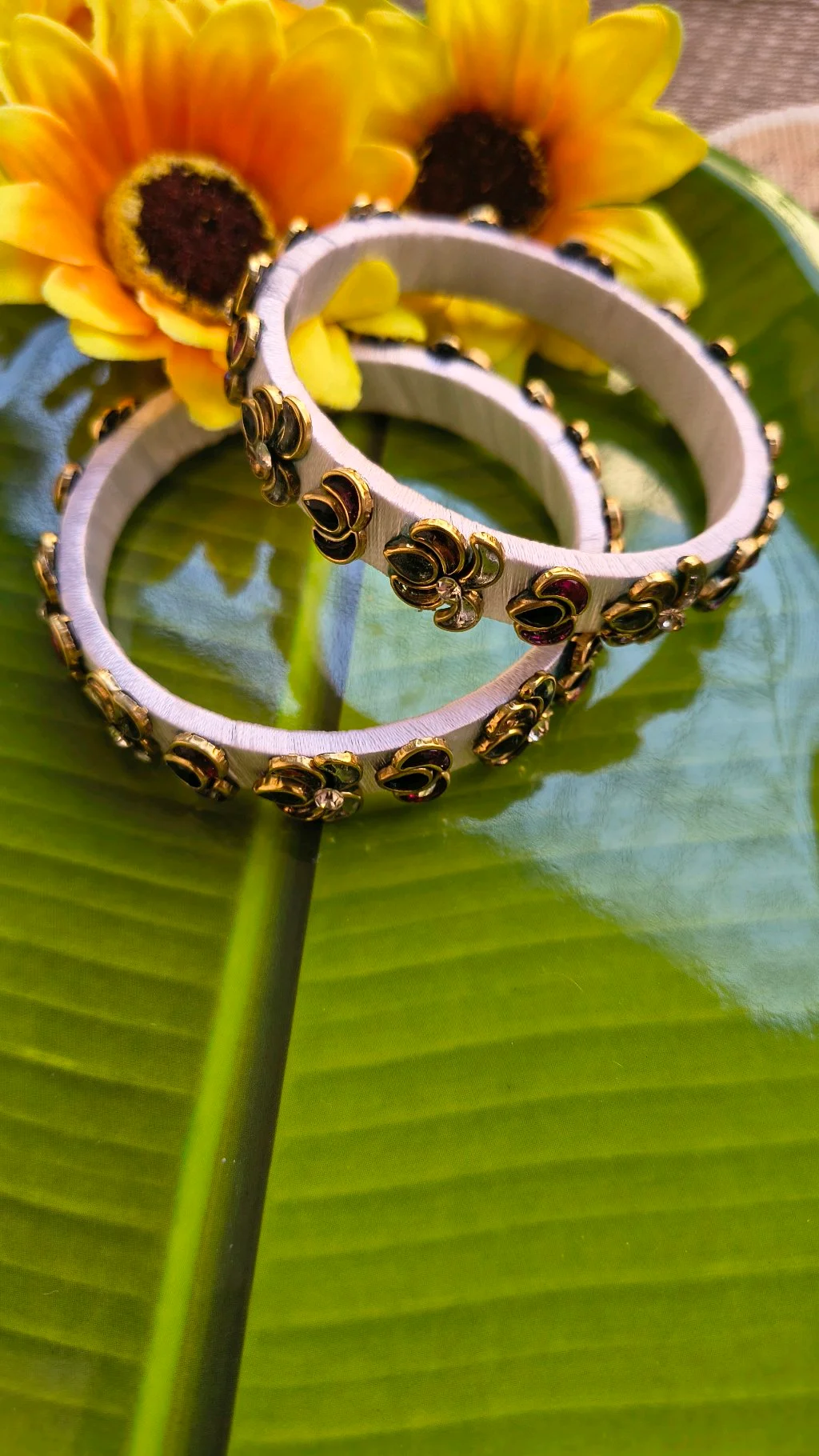 White Silk Thread Bangles with Floral Kundan Embellishments thumbnail 1