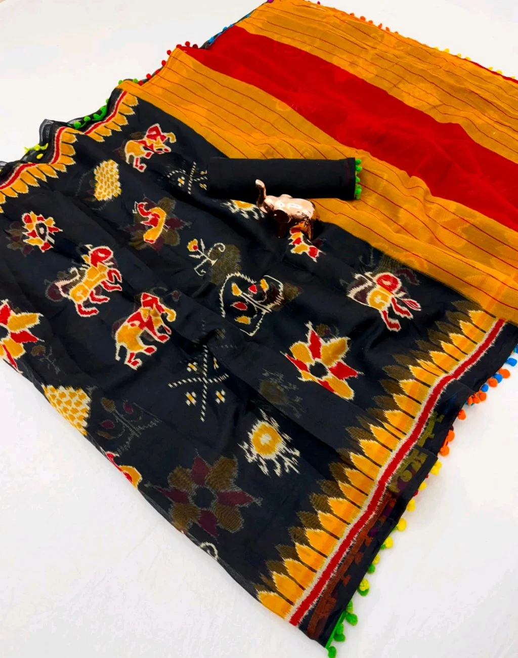 Yellow and Red Printed Saree with Pom Poms 10