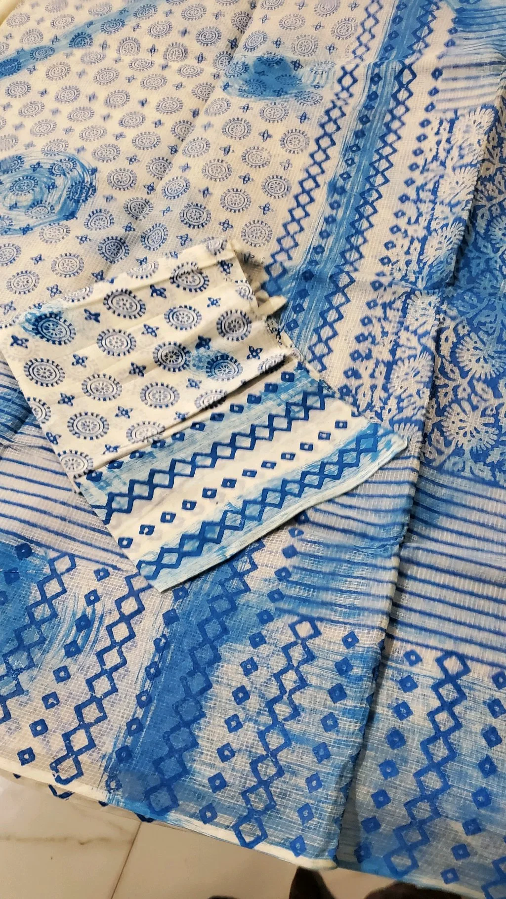 Blue and White Block Print Cotton Organdi Saree 4