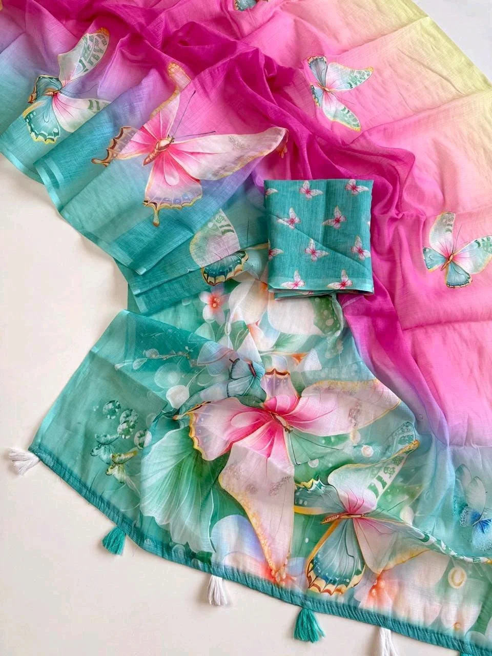 Soft Linen Blend Floral Butterfly Print Saree Collection thumbnail 10