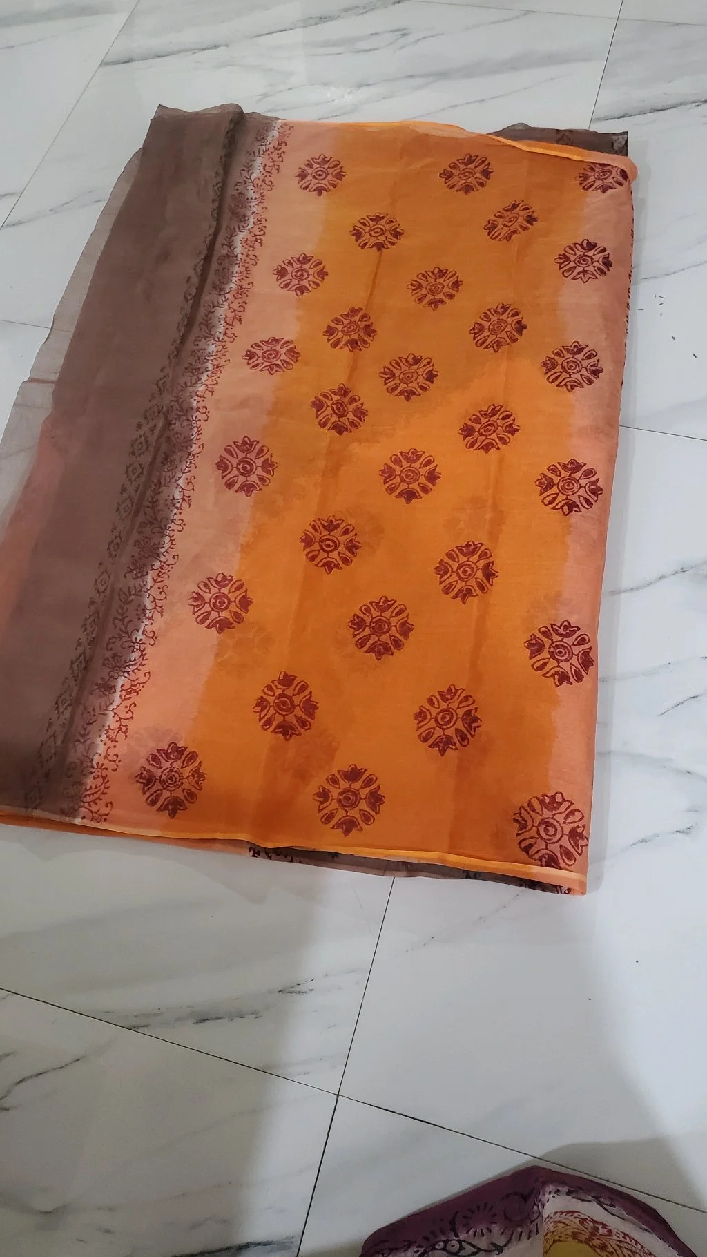 Brown and Orange Block Print Organdi Saree thumbnail 2
