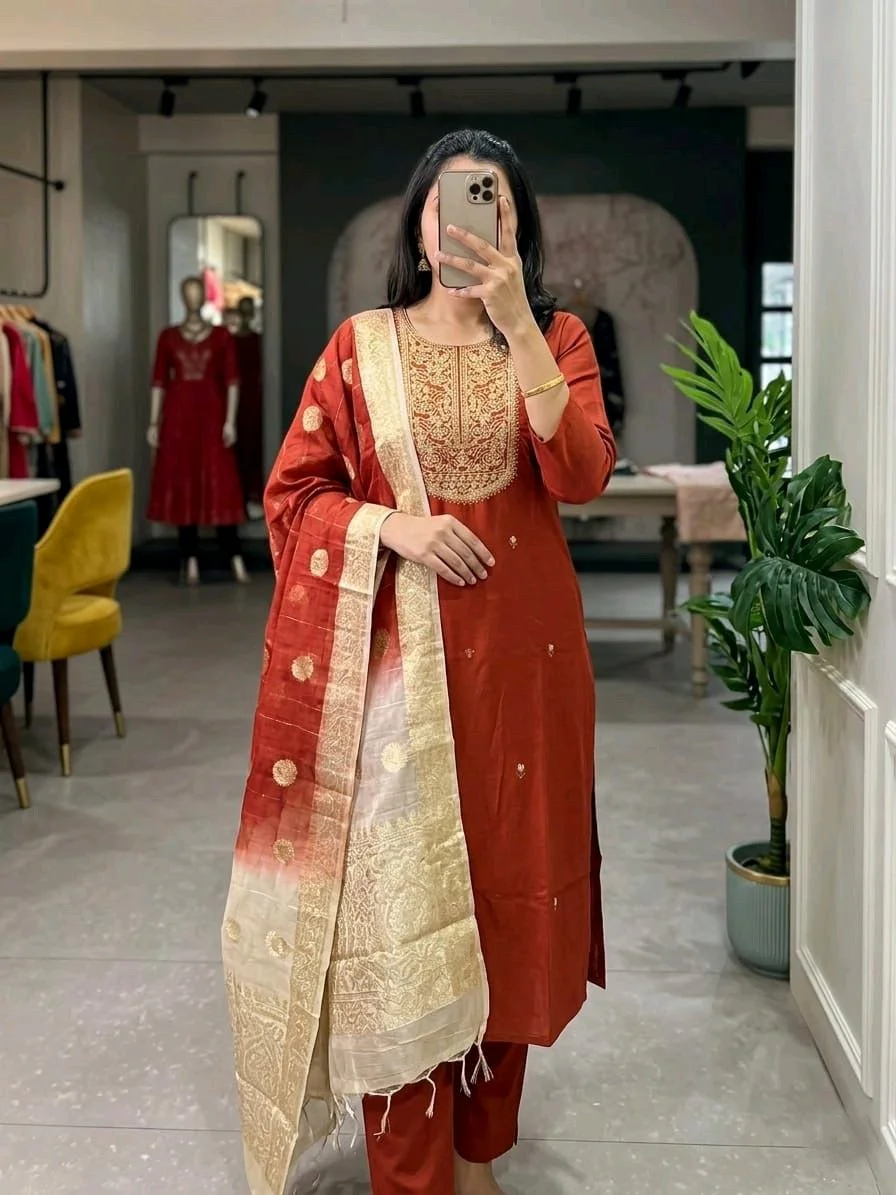 Roman Silk Beautiful Yok Embroidery Three pieces Dresses