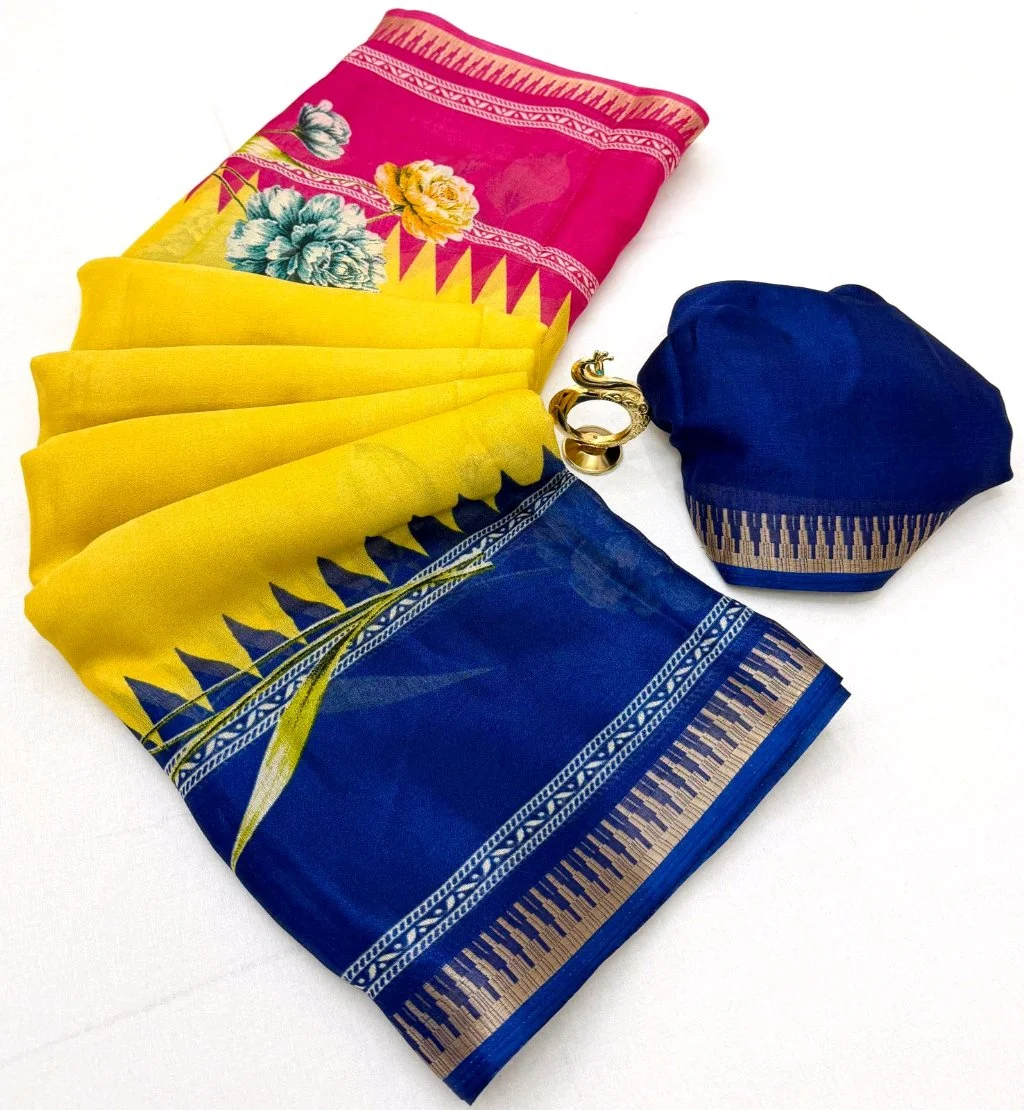 Heavy Marshmellow Blooming Colour Sarees with Contrast Blouse thumbnail 1