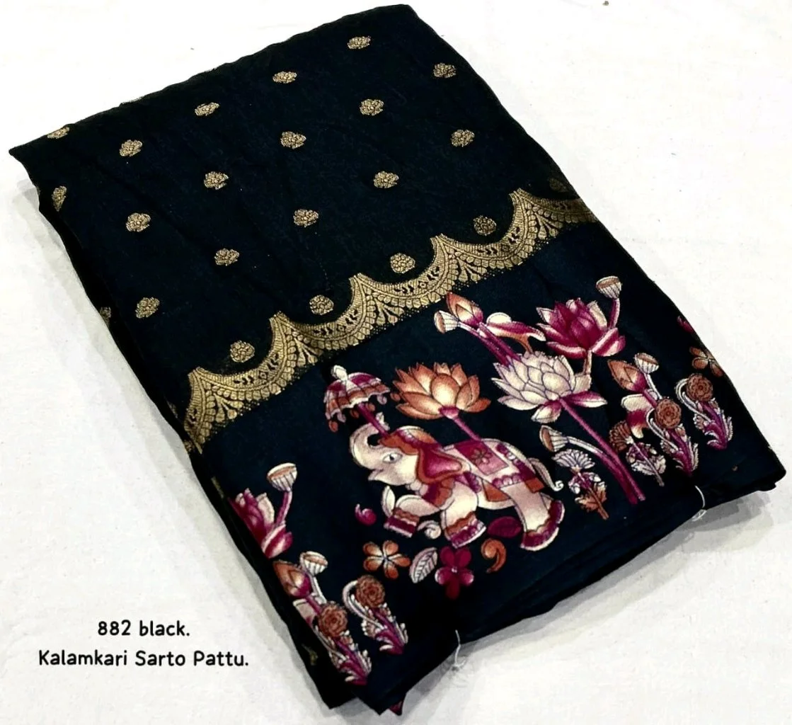 Kalamkari Printed Saree with Gold Border 2