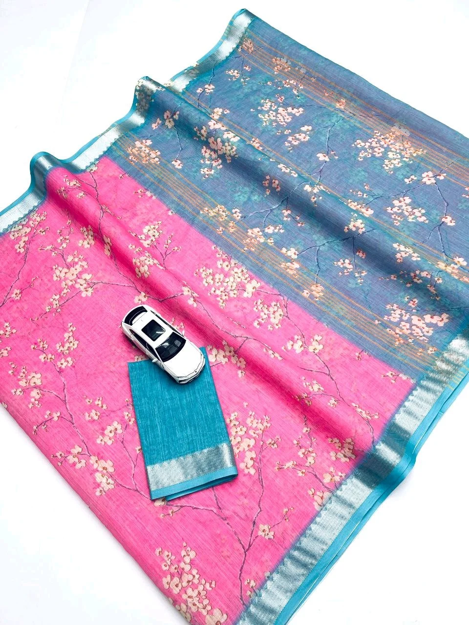 Soft Floral Linen Saree with Teal Blouse Piece thumbnail 9